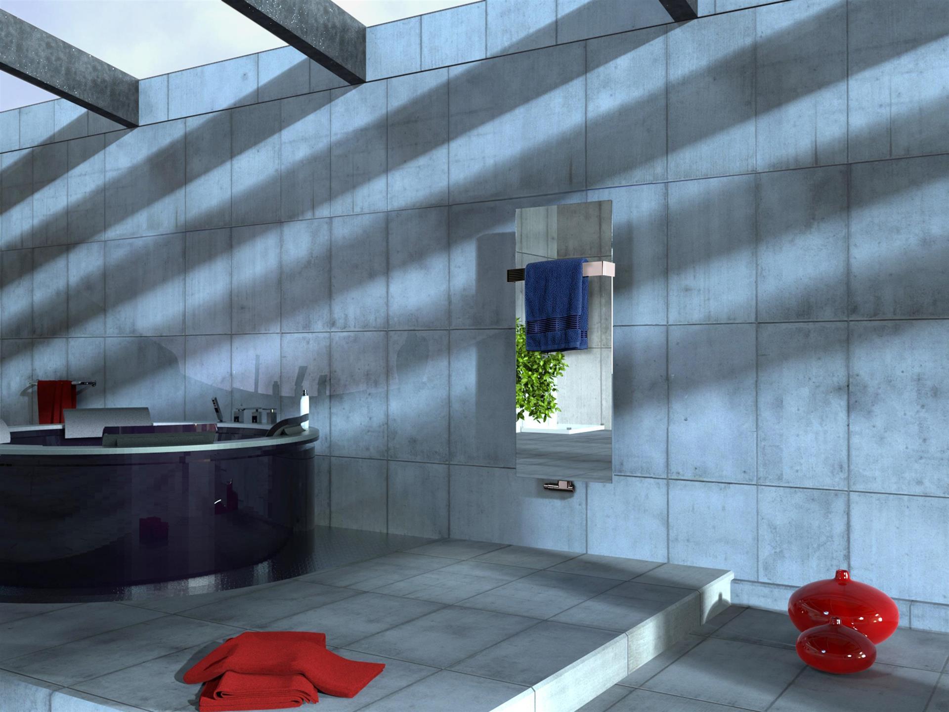 BADHEIZKÖRPER mit Spiegel Design Mirror 2 120x47cm 799 Watt Edelstahl 3D (+1 Halter glänzend 50mm) SZAGATO Heizkörper Mittelanschluss Handtuchwärmer