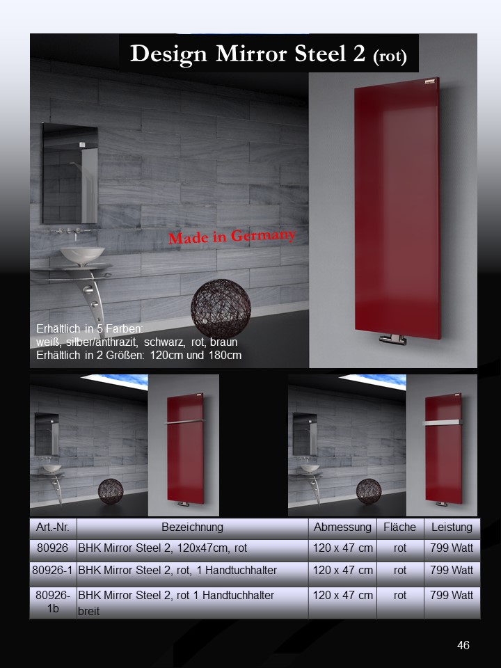 BADHEIZKÖRPER Design Mirror Steel 2 120x47cm 799 Watt rot (+1 Halter 50mm) SZAGATO Designheizkörper Handtuchheizkörper Mittelanschluss Handtuchwärmer