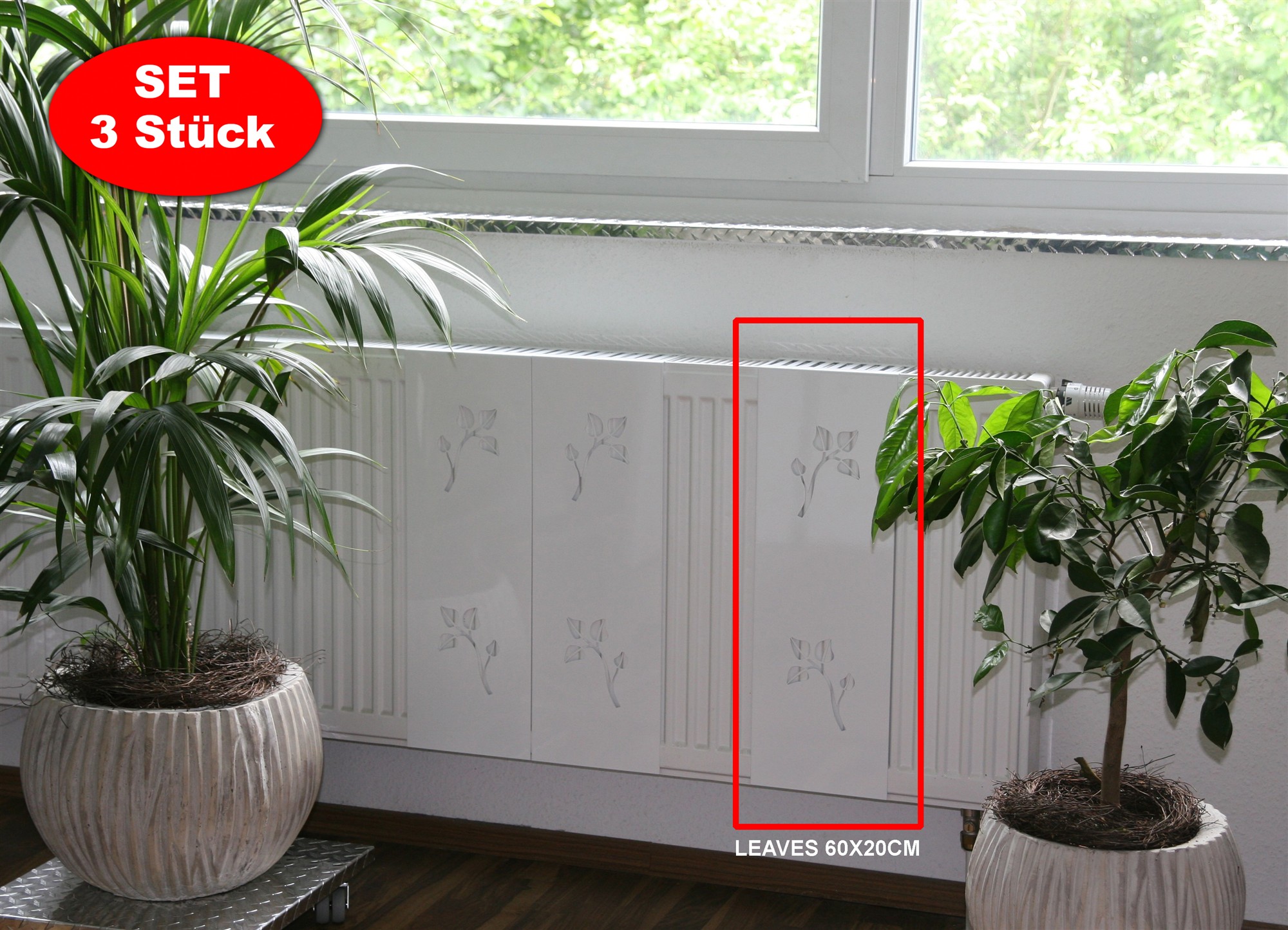 Heizkörperverkleidung 60 x 20cm Design Leaves weiß (SET=3 Stück) SZAGATO Heizungsverkleidung Verkleidung Heizkörper Abdeckung für Heizkörper