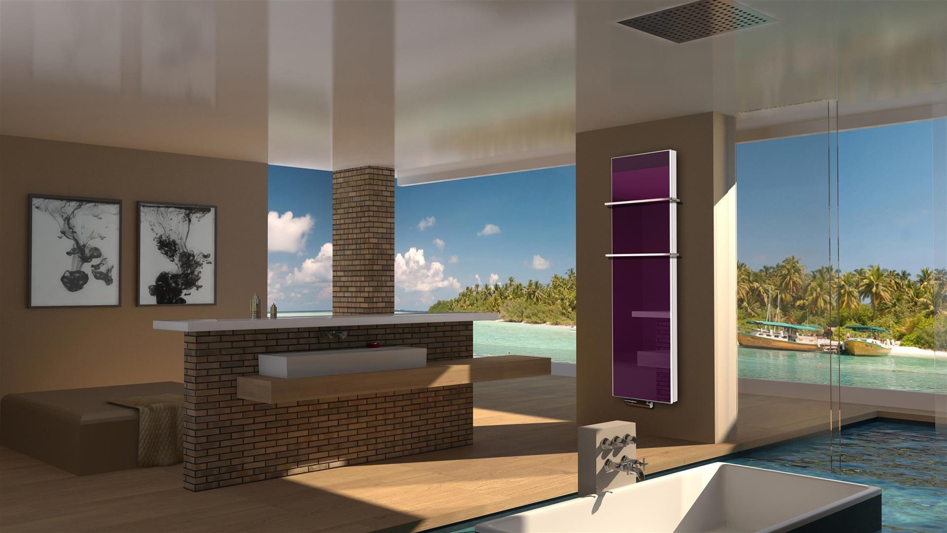 BADHEIZKÖRPER mit Glas Montevideo 6 Glasfront 180x47cm 1964 Watt violett +2 Halter 15mm SZAGATO Designheizkörper Handtuchheizkörper Mittelanschluss