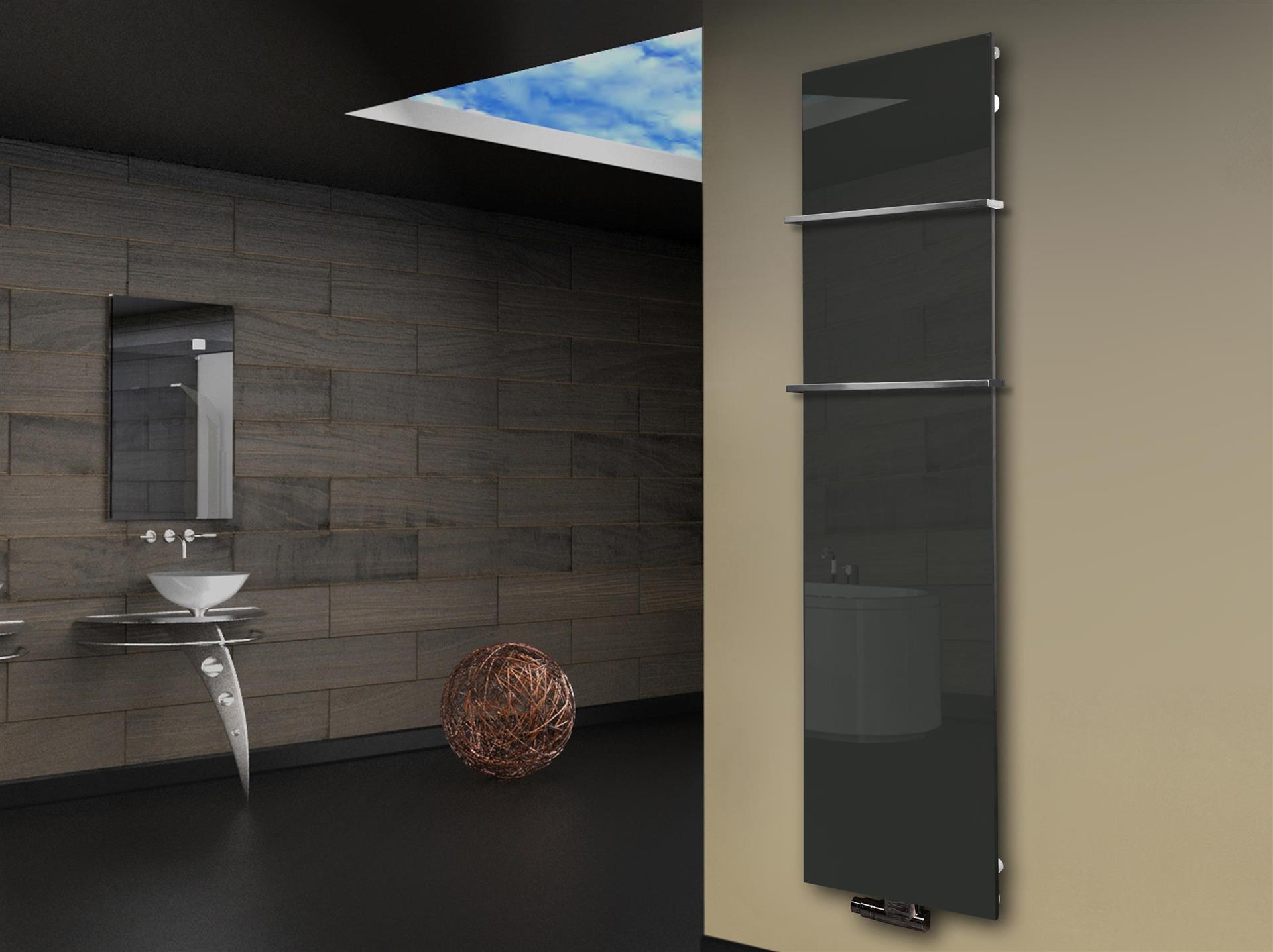 Badheizkörper mit Glas Design Montevideo 3 Glasfront 180x47cm 1118 Watt anthrazit - moon +2 Halter 15mm SZAGATO Designheizkörper Mittelanschluss