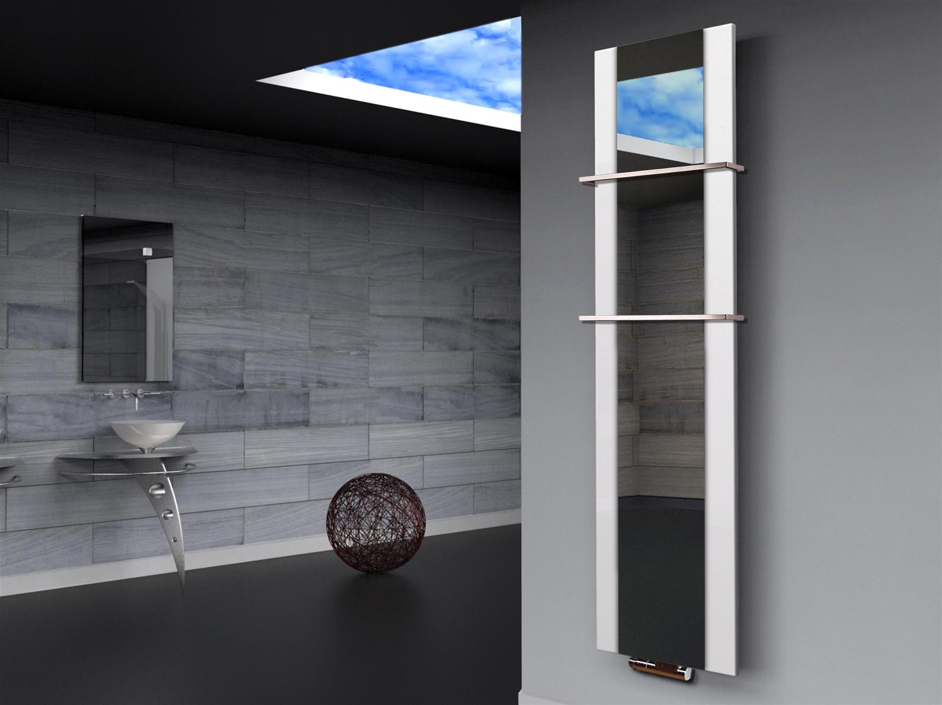 BADHEIZKÖRPER mit Spiegel Design Singapur 3 180x47cm 1118 Watt weiß  (+2 Halter 15mm) SZAGATO Designheizkörper mit Mittelanschluss Handtuchwärmer