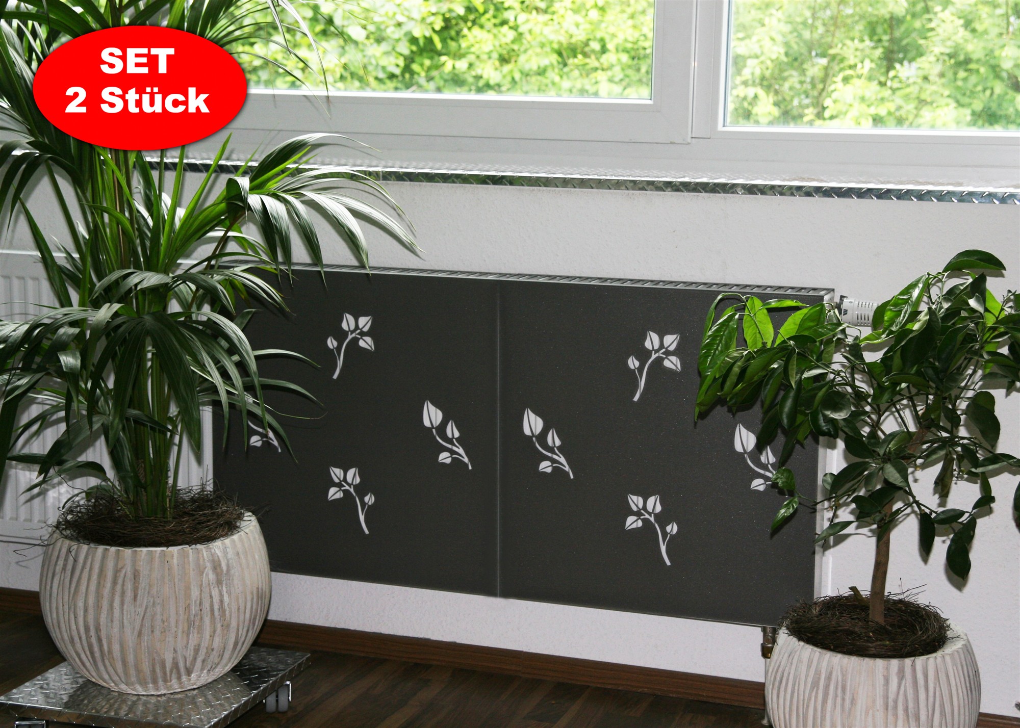 Heizkörperverkleidung 60 x 60cm Design Leaves silber (SET= 2 Stück) SZAGATO Heizungsverkleidung Verkleidung Heizkörper Abdeckung für Heizkörper