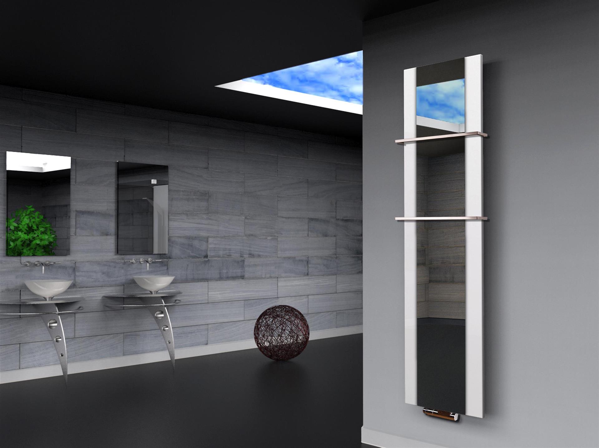 BADHEIZKÖRPER mit Spiegel Design Singapur 3 180x47cm 1118 Watt weiß  (+2 Halter 15mm) SZAGATO Designheizkörper mit Mittelanschluss Handtuchwärmer