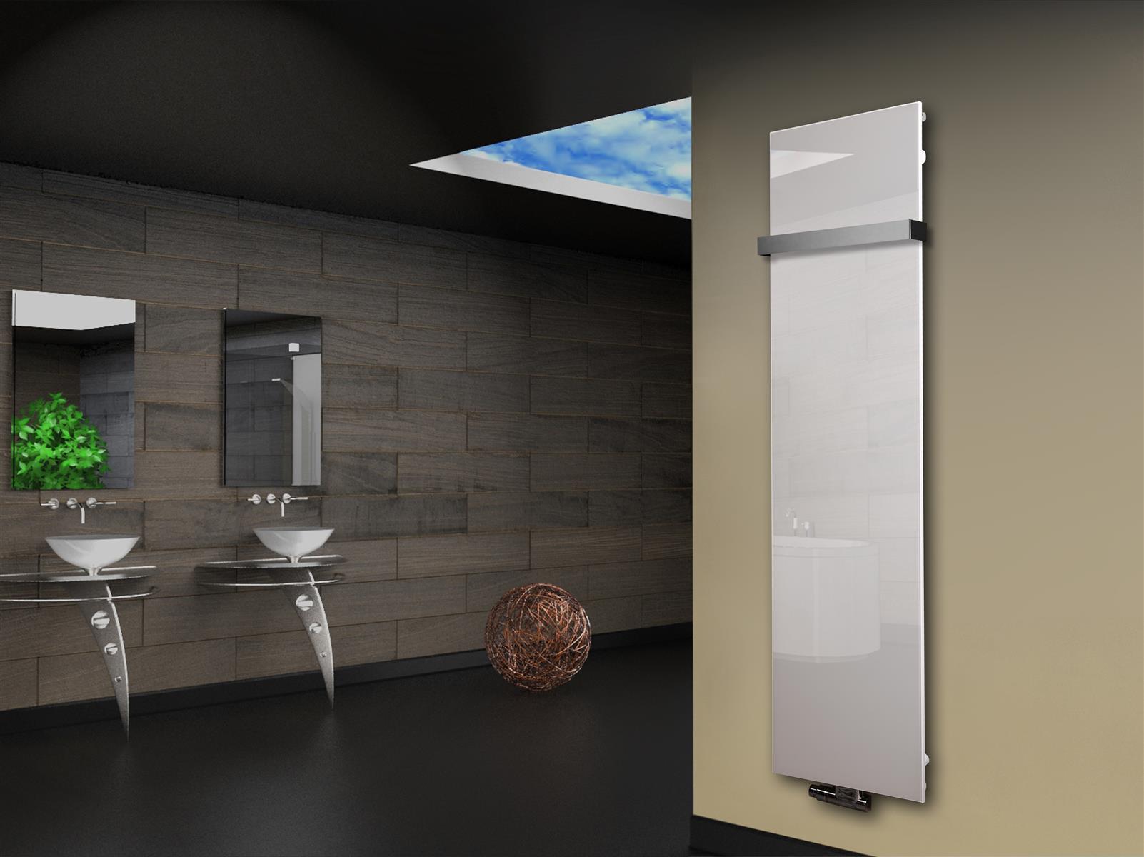 Badheizkörper mit Glas Design Montevideo 3 (Glasfront) 180x47cm 1118 Watt weiß +1 Halter 50mm SZAGATO Designheizkörper Mittelanschluss Handtuchwärmer