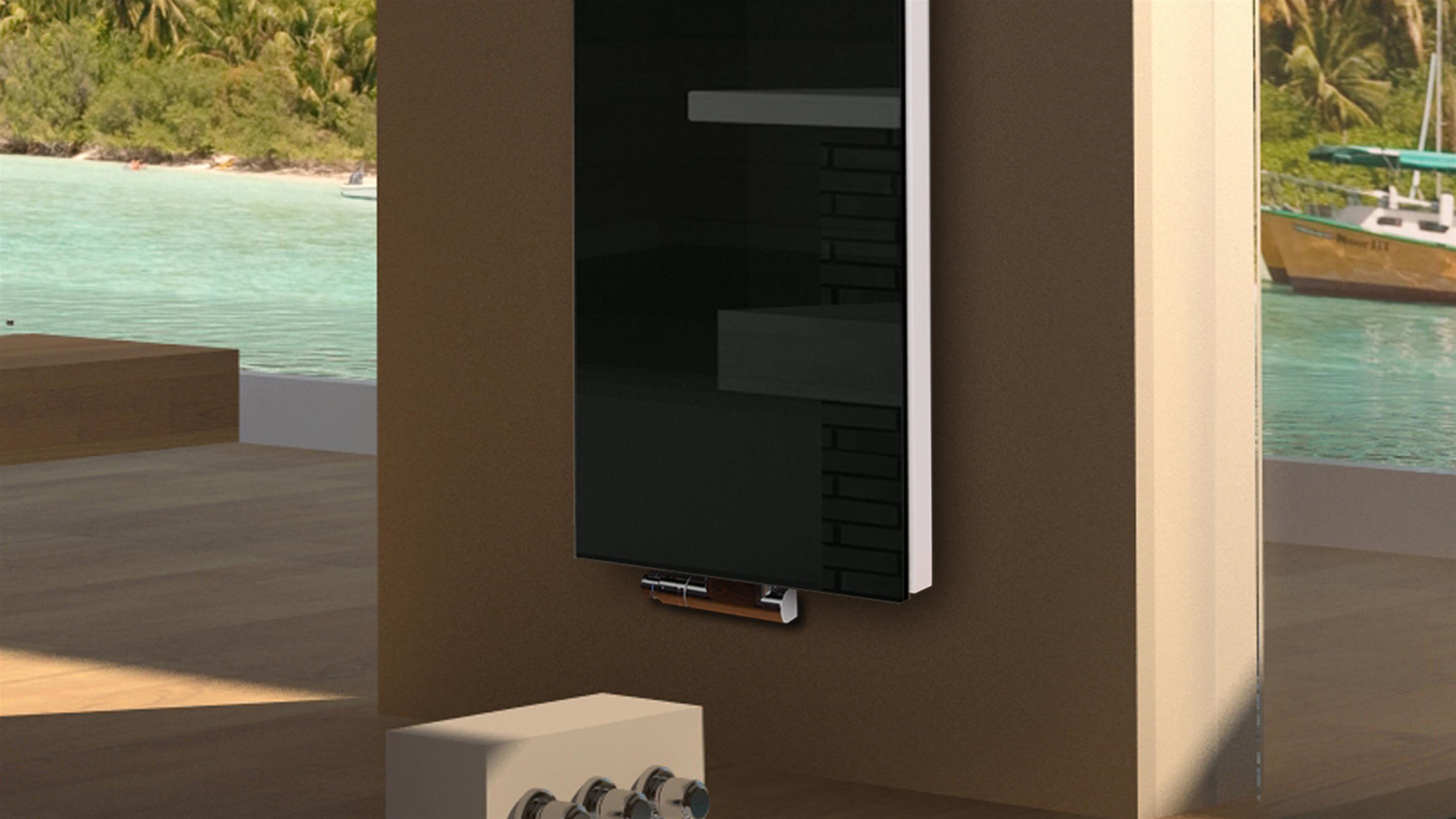 BADHEIZKÖRPER mit Glas Montevideo 6 Glasfront 180x47cm 1964 Watt schwarz +1 Halter 15mm SZAGATO Designheizkörper Handtuchheizkörper Mittelanschluss