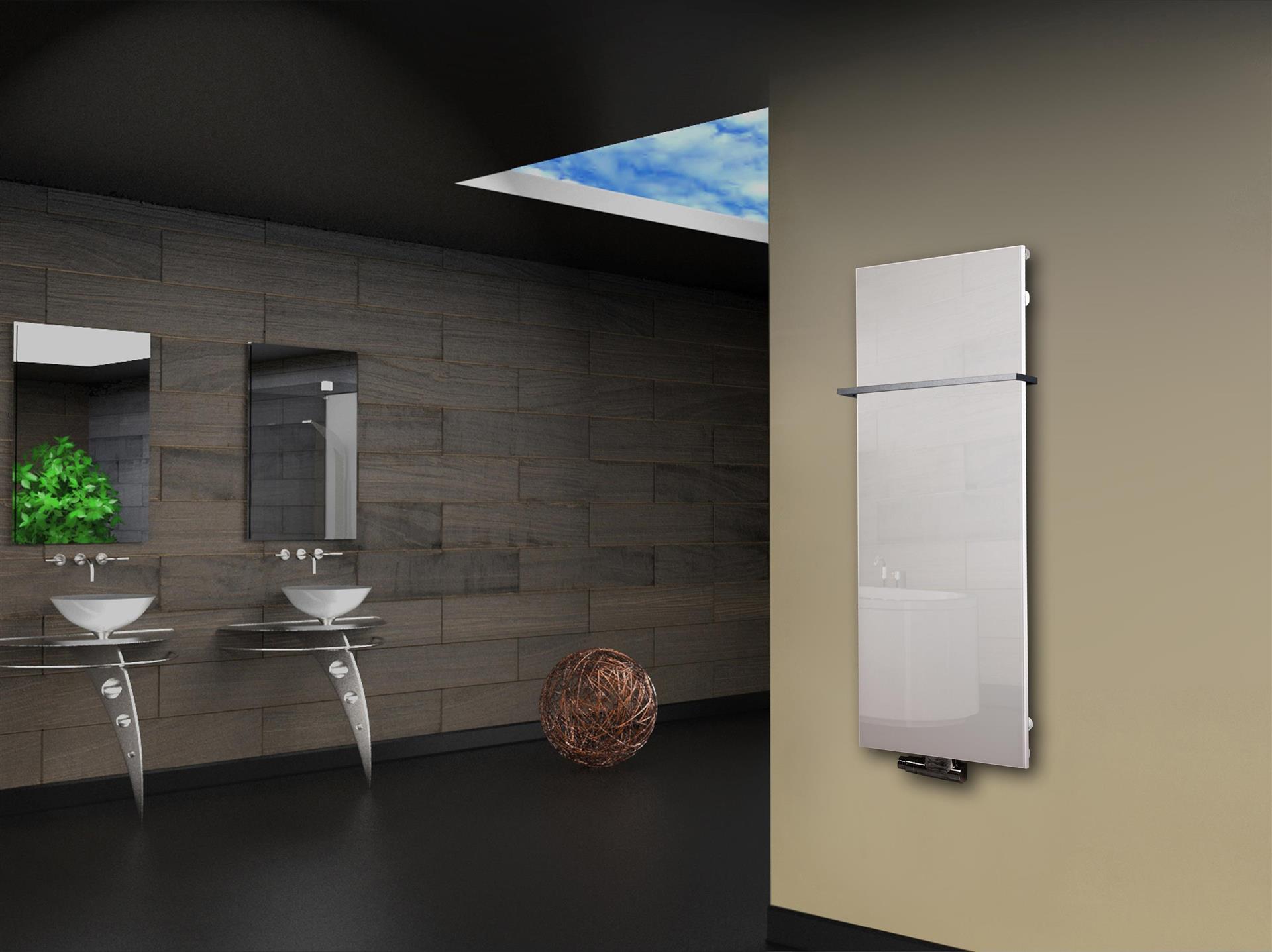 Badheizkörper mit Glas Design Montevideo 2 (Glasfront) 120x47cm 799Watt weiß (+1 Halter 15mm) SZAGATO Designheizkörper Mittelanschluss Handtuchwärmer