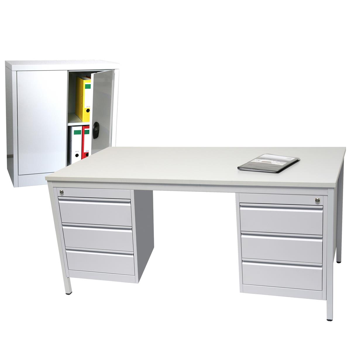 Schreibtisch 180cm SET + 2 x Unterbauschrank Profi 3 Schubl + Stahlschrank 90x80cm grau SZAGATO Arbeitstisch Bürotisch Druckertisch Schreibti günstig