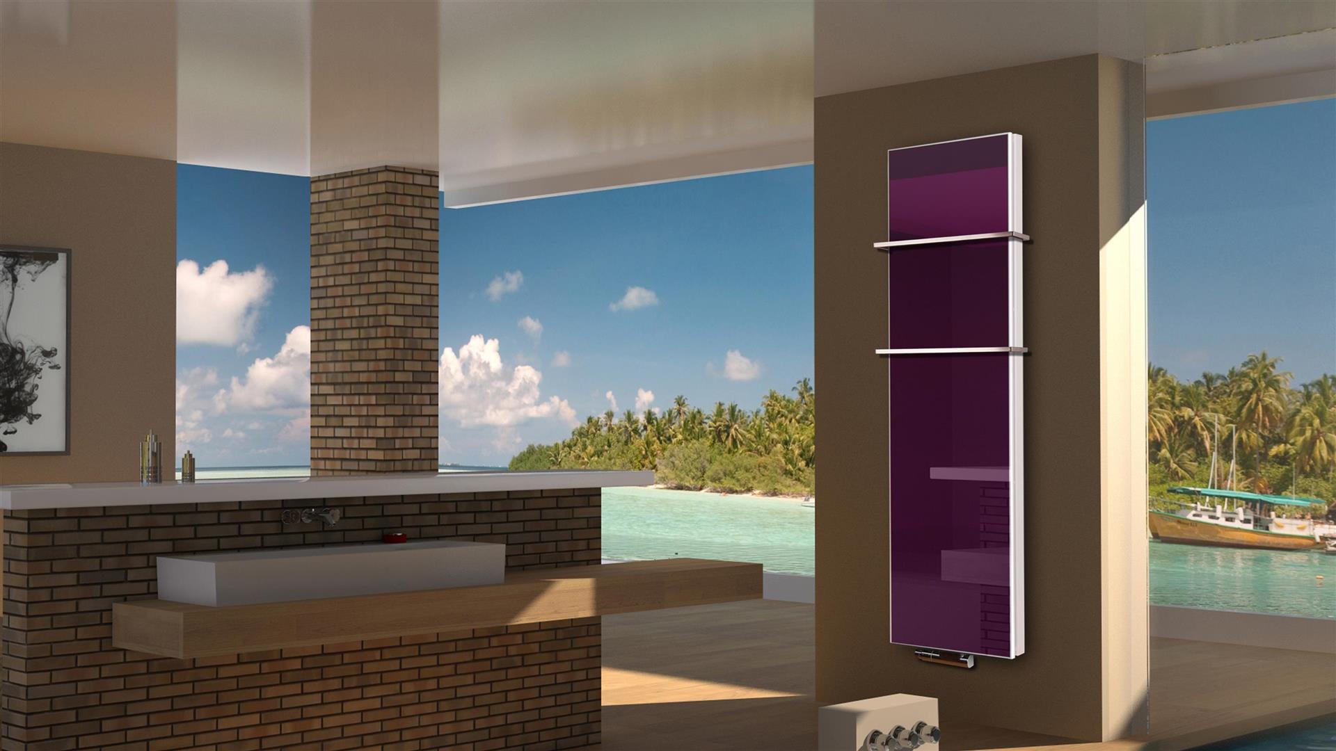 BADHEIZKÖRPER mit Glas Montevideo 6 Glasfront 180x47cm 1964 Watt violett +2 Halter 15mm SZAGATO Designheizkörper Handtuchheizkörper Mittelanschluss