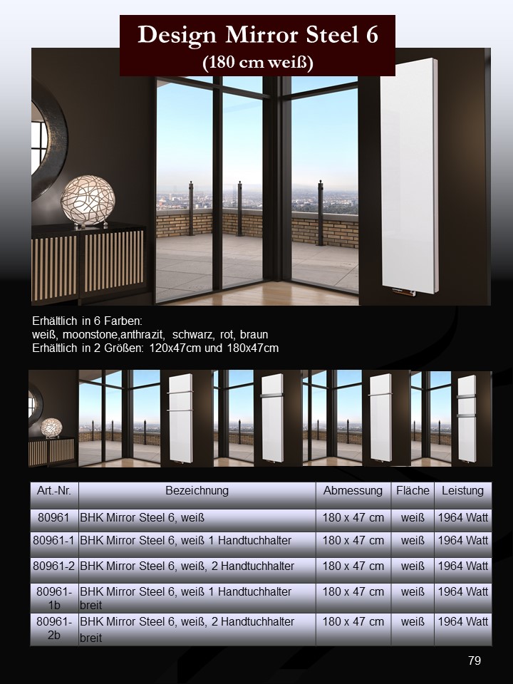BADHEIZKÖRPER Design Mirror Steel 6 180x47cm 1964 Watt weiß +2 Halter 50mm SZAGATO Designheizkörper Handtuchheizkörper Mittelanschluss Handtuchwärmer
