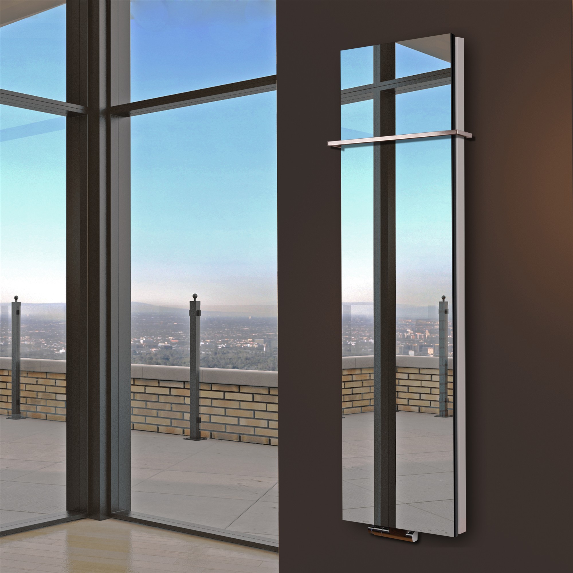 BADHEIZKÖRPER mit Spiegel Design Mirror 6 180x47cm 1964 Watt Edelstahl (+1 Halter 15mm) SZAGATO Designheizkörper Handtuchheizkörper Mittelanschluss