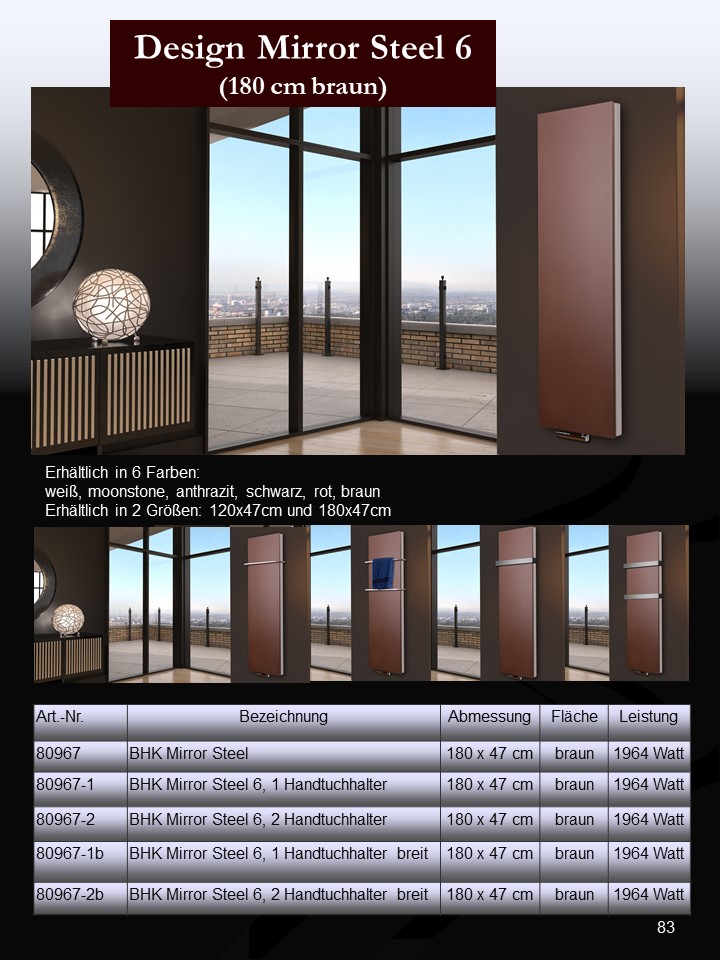 BADHEIZKÖRPER Design Mirror Steel 6 180x47cm 1964Watt braun +2 Halter 50mm SZAGATO Designheizkörper Handtuchheizkörper Mittelanschluss Handtuchwärmer