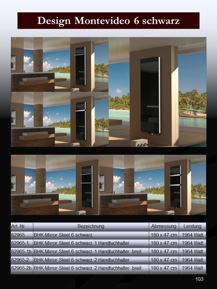 BADHEIZKÖRPER mit Glas Montevideo 6 Glasfront 180x47cm 1964 Watt schwarz +1 Halter 15mm SZAGATO Designheizkörper Handtuchheizkörper Mittelanschluss