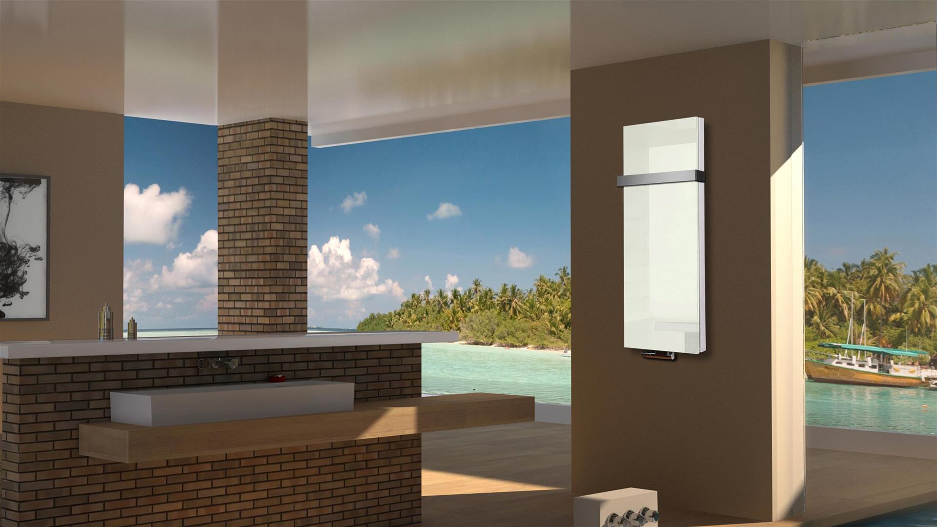 BADHEIZKÖRPER mit Glas Montevideo 5 Glasfront 120x47cm 1458 Watt weiß +1 Halter 50mm SZAGATO Designheizkörper Handtuchheizkörper mit Mittelanschluss