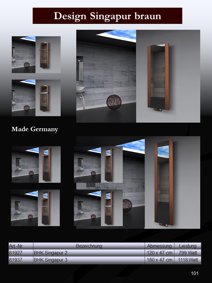 BADHEIZKÖRPER mit Spiegel Design Singapur 3 180x47cm 1118 Watt braun  (+2 Halter 50mm) SZAGATO Designheizkörper mit Mittelanschluss Handtuchwärmer