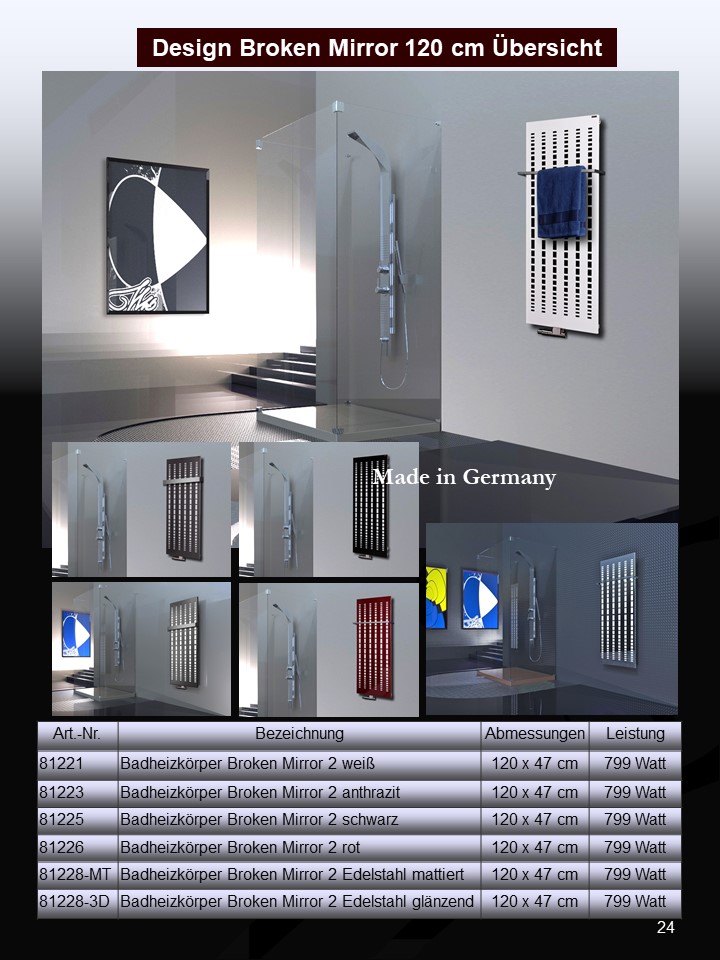 BADHEIZKÖRPER Design broken Mirror 2 120x47cm 799 Watt Edelstahl (+1 Halter 15mm) SZAGATO Designheizkörper Mittelanschluss Paneelheizkörper