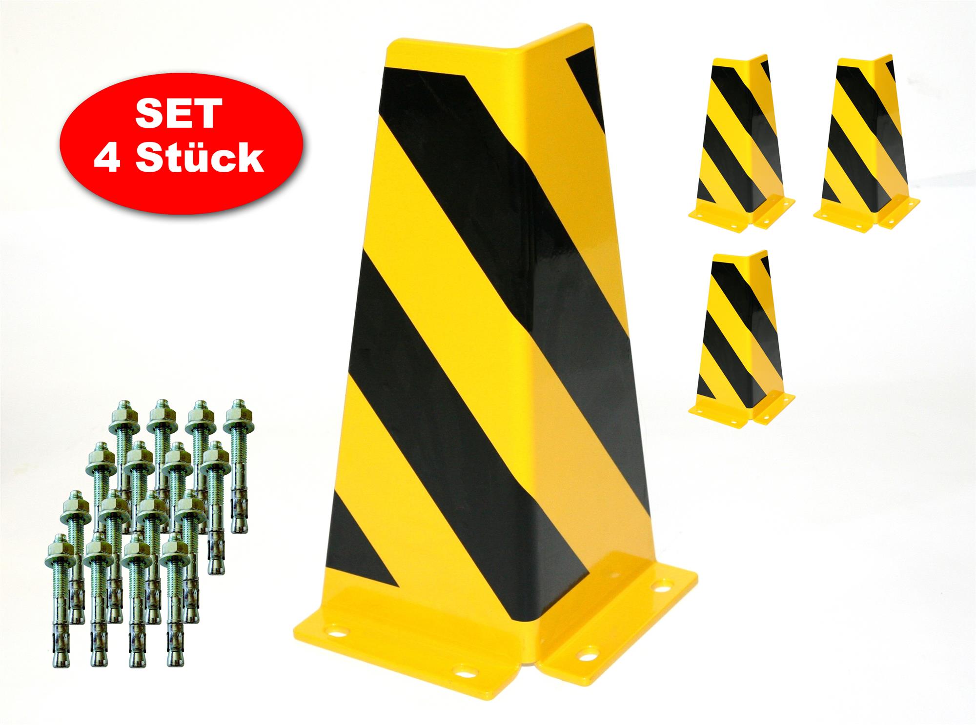 Rammschutz SET (4 Stück) 400x165x165x5 mm konisch + 16 Einschlagdübel SZAGATO Regal Anfahrschutz Regale Rammschutzbügel Rammschutze Anfahrschutze