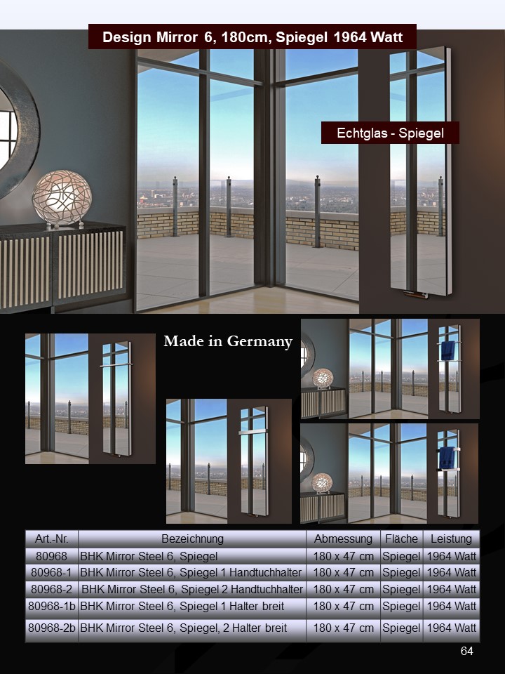 BADHEIZKÖRPER mit Spiegel Design Mirror 6 180x47cm 1964Watt Edelstahl +2 Halter glänzend 50mm SZAGATO Designheizkörper Mittelanschluss Handtuchwärmer