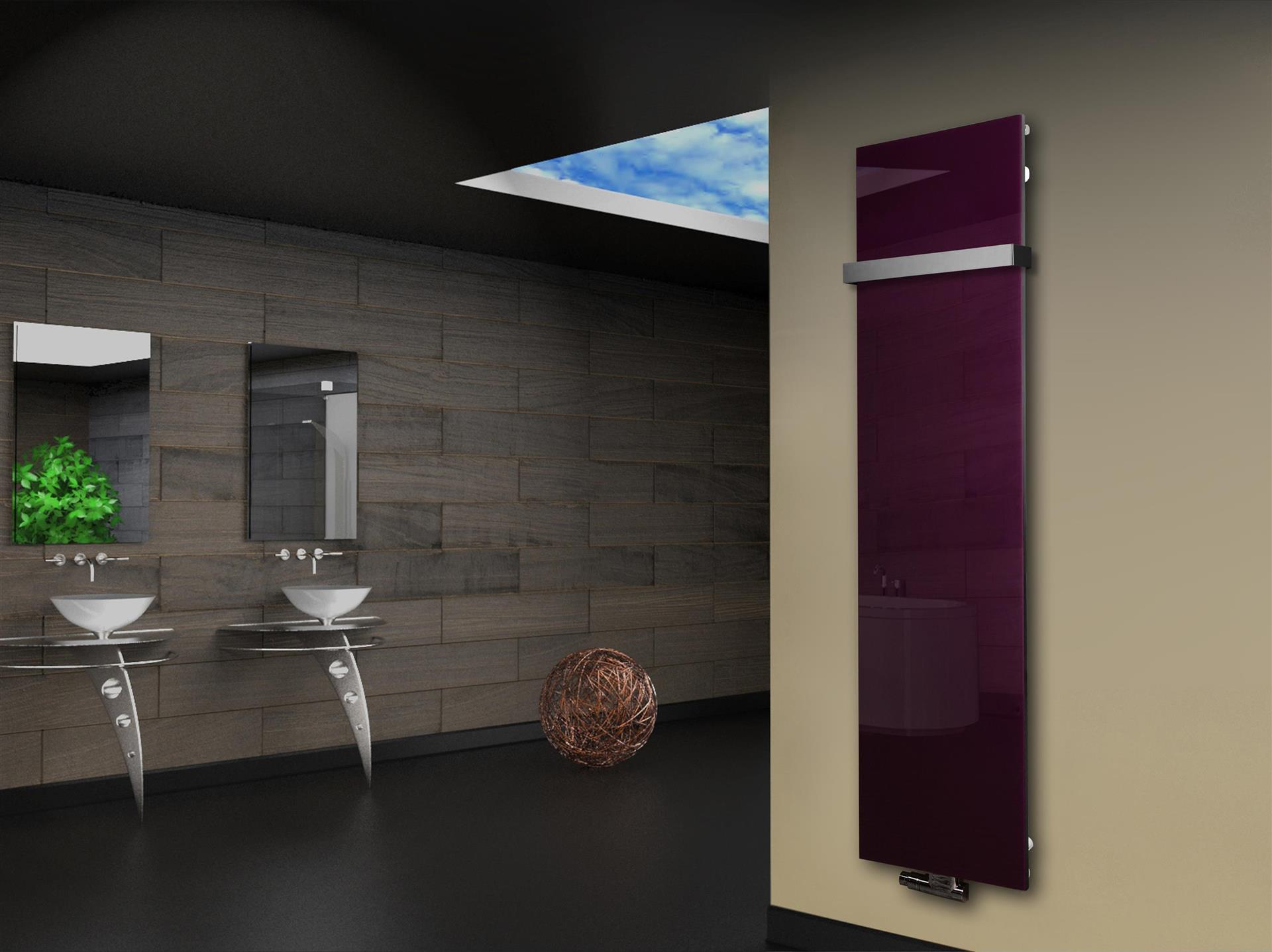 Badheizkörper mit Glas Design Montevideo 3 Glasfront 180x47cm 1118 Watt violett (+1 Halter 50mm) SZAGATO Designheizkörper mit Mittelanschluss