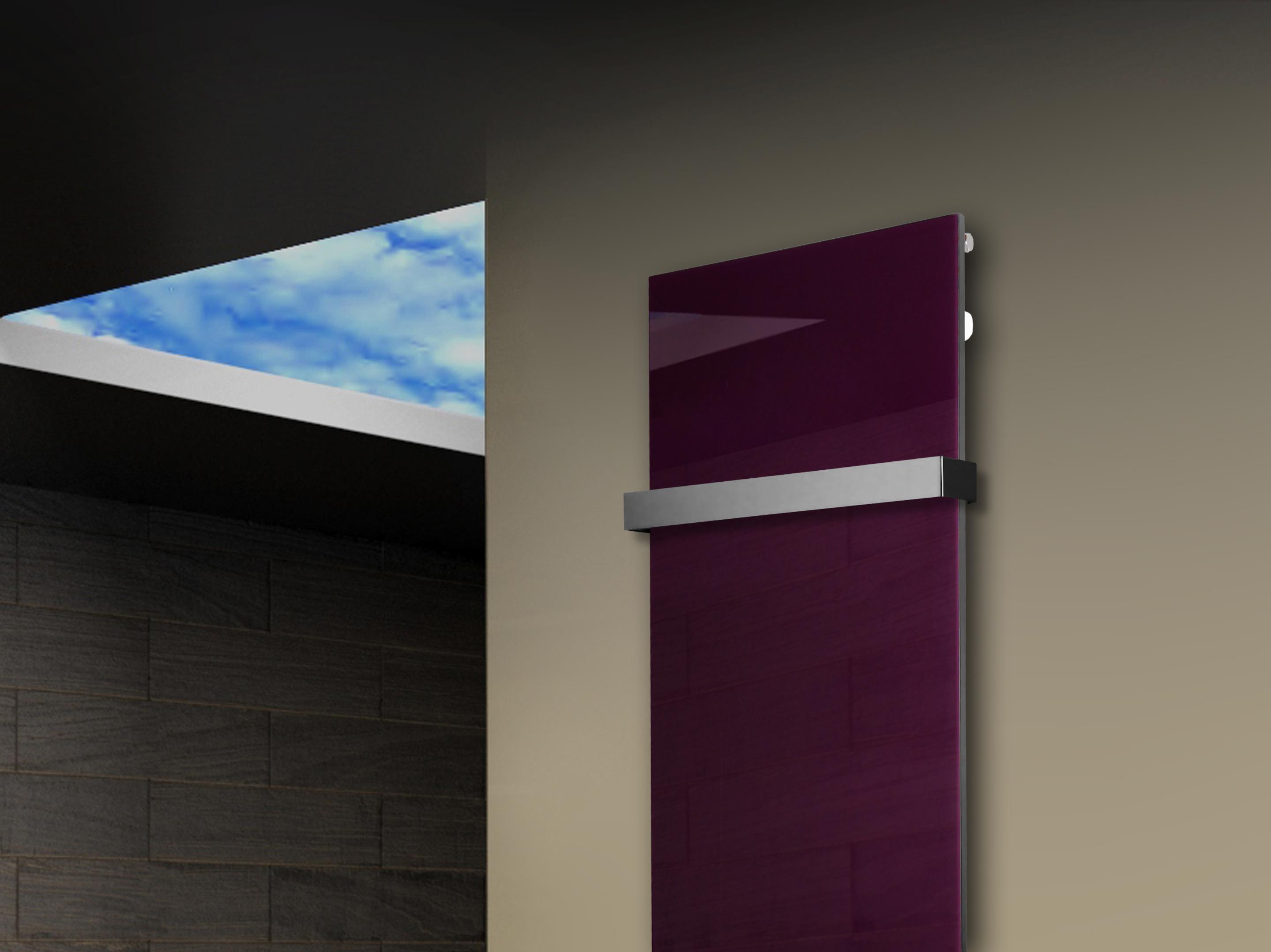 Badheizkörper mit Glas Design Montevideo 3 Glasfront 180x47cm 1118 Watt violett (+1 Halter 50mm) SZAGATO Designheizkörper mit Mittelanschluss