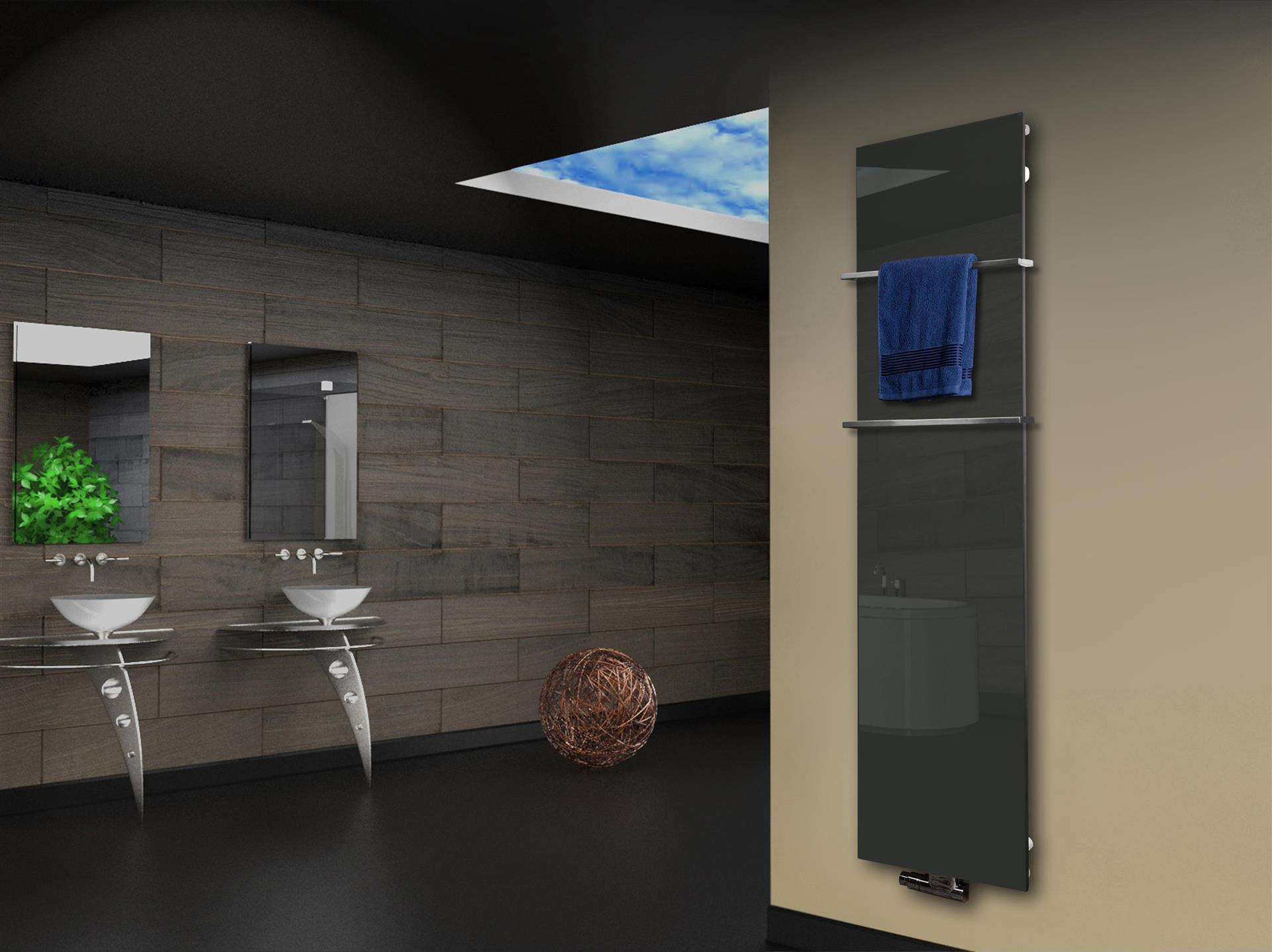 Badheizkörper mit Glas Design Montevideo 3 Glasfront 180x47cm 1118 Watt anthrazit - moon +2 Halter 15mm SZAGATO Designheizkörper Mittelanschluss
