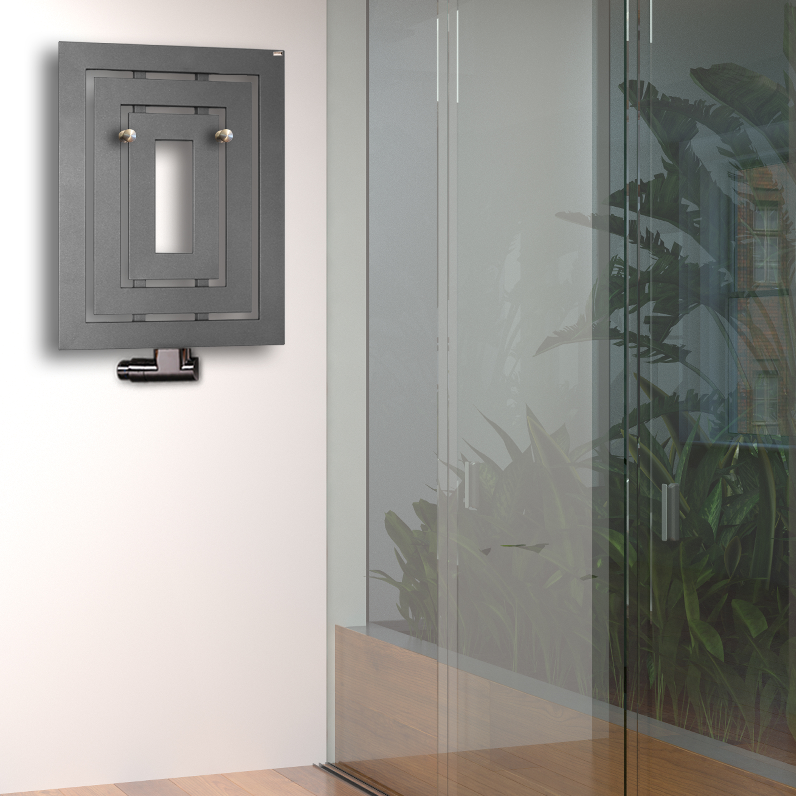 BADHEIZKÖRPER Design Insight 1 80x60cm 612 Watt anthrazit - moonstone (+ 2 Knopfhalter) SZAGATO Handtuchheizkörper mit Mittelanschluss Handtuchwärmer