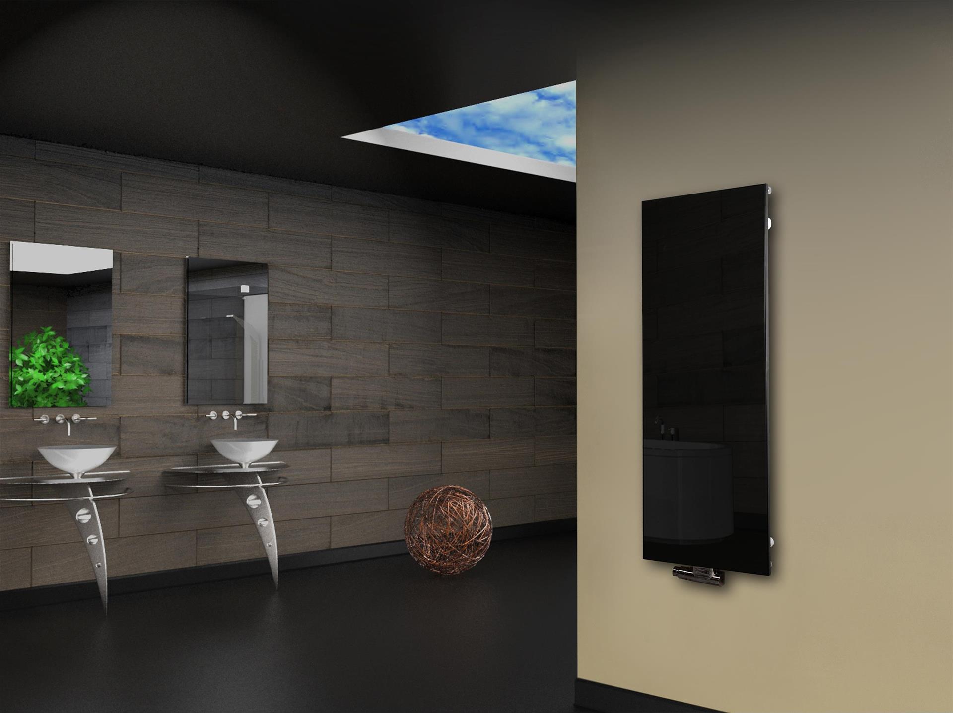 Badheizkörper mit Glas Design Montevideo 2 Glasfront 120x47cm 799 Watt schwarz SZAGATO Heizkörper Handtuchheizkörper Mittelanschluss Handtuchwärmer