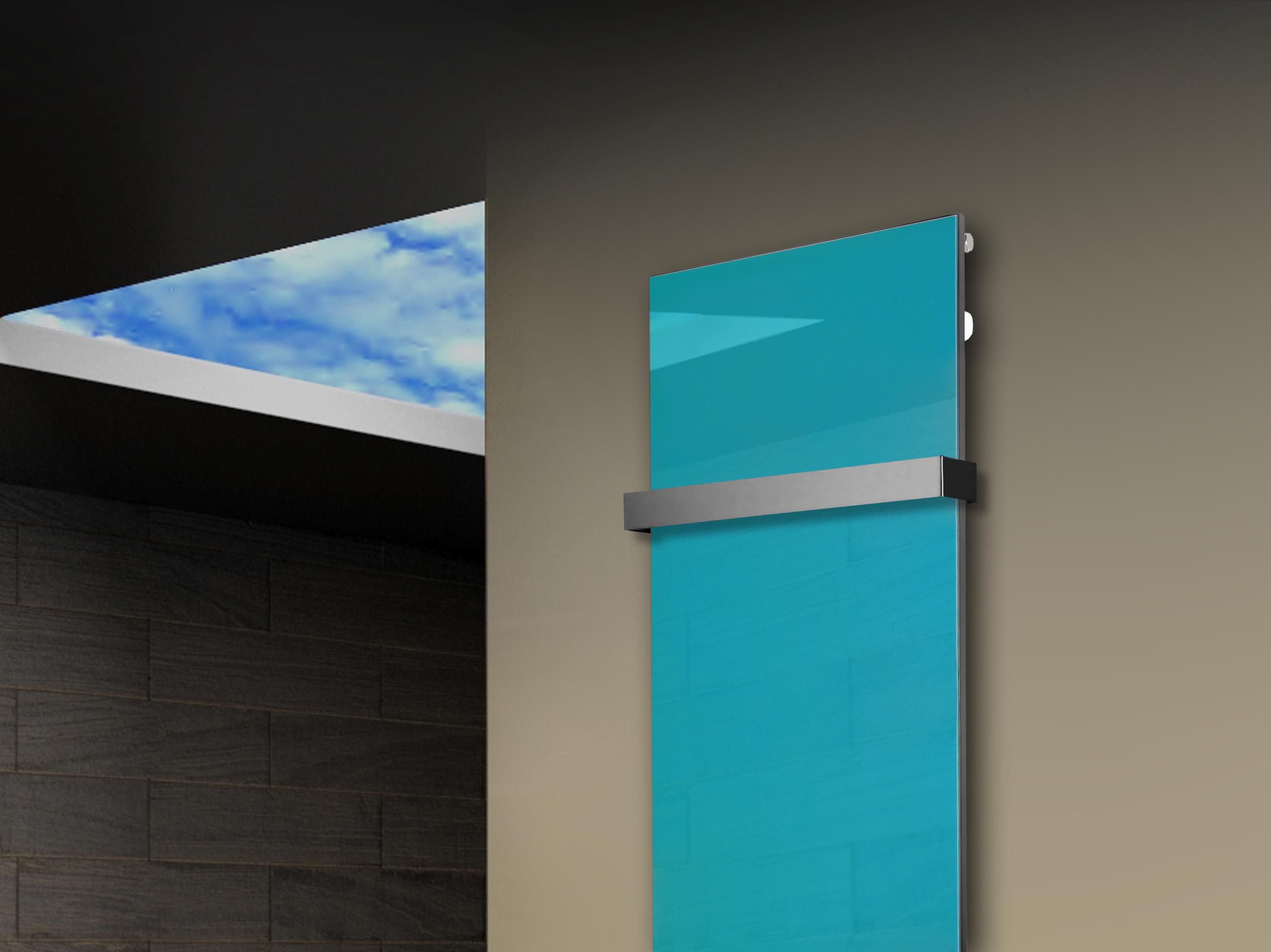Badheizkörper mit Glas Design Montevideo 3 Glasfront 180x47cm 1118 Watt türkis +1 Halter 50mm SZAGATO Designheizkörper Mittelanschluss Handtuchwärmer