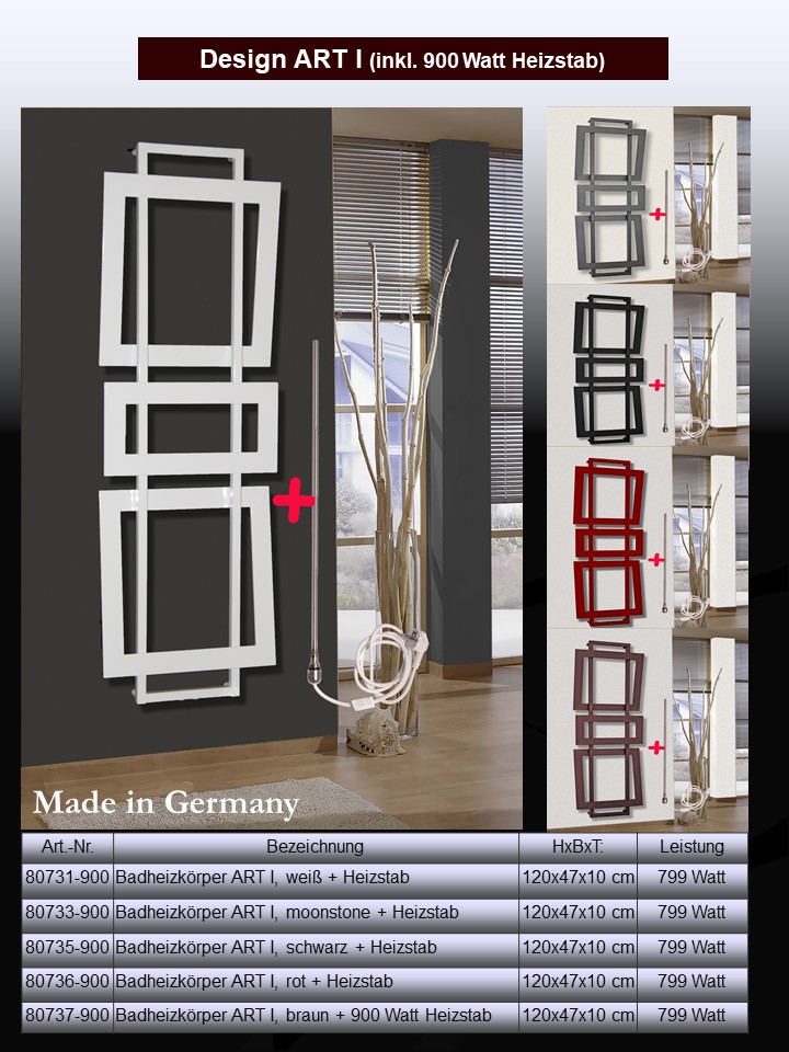 BADHEIZKÖRPER Design ART I 180x60cm 1019 Watt weiß + Heizstab 900 Watt SZAGATO Designheizkörper Handtuchheizkörper mit Mittelanschluss Handtuchwärmer