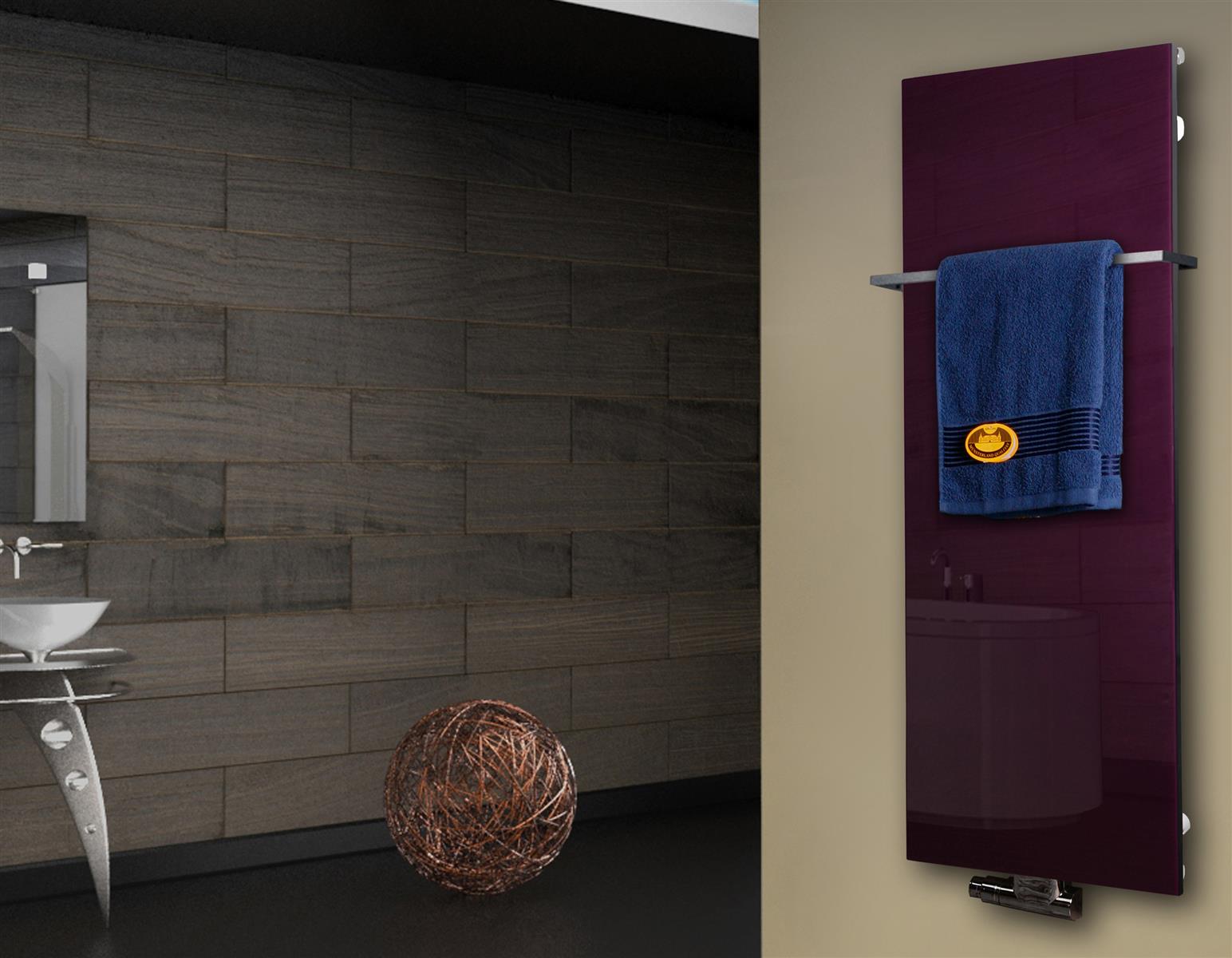 Badheizkörper mit Glas Design Montevideo 2 (Glasfront) 120x47cm 799 Watt violett (+1 Halter 15mm) SZAGATO Designheizkörper mit Mittelanschluss