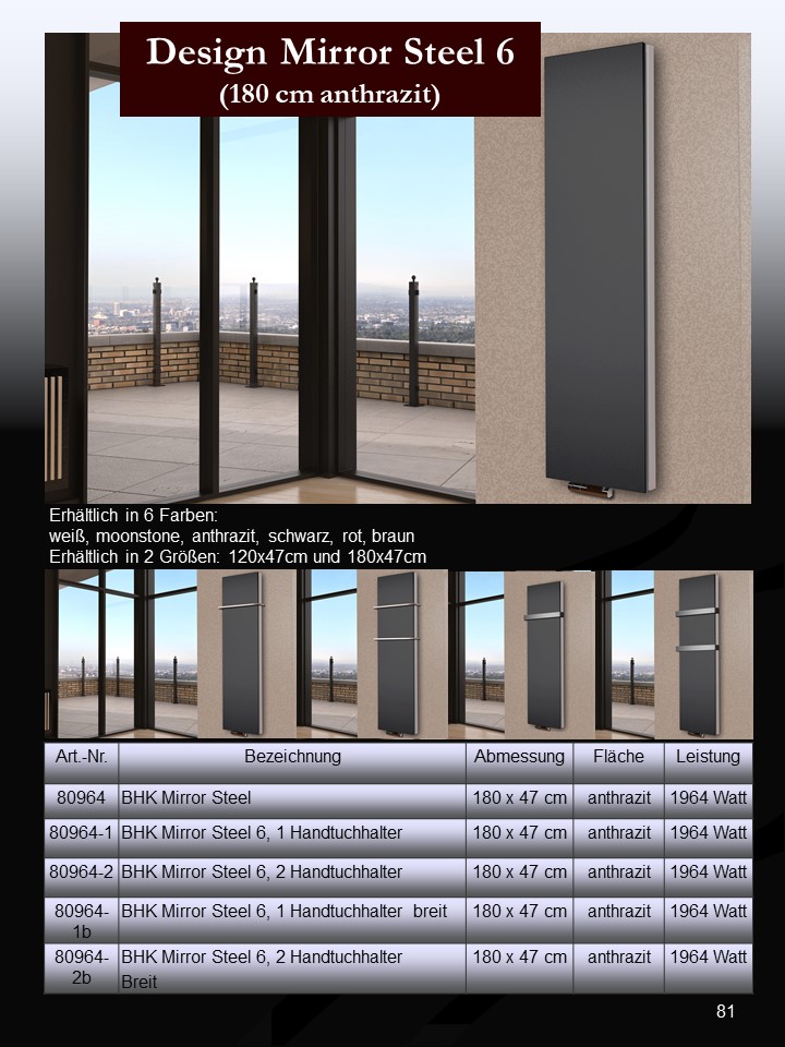 BADHEIZKÖRPER Design Mirror Steel 6 180x47cm 1964 Watt anthrazit (+1 Halter 15mm) SZAGATO Designheizkörper Handtuchheizkörper mit Mittelanschluss