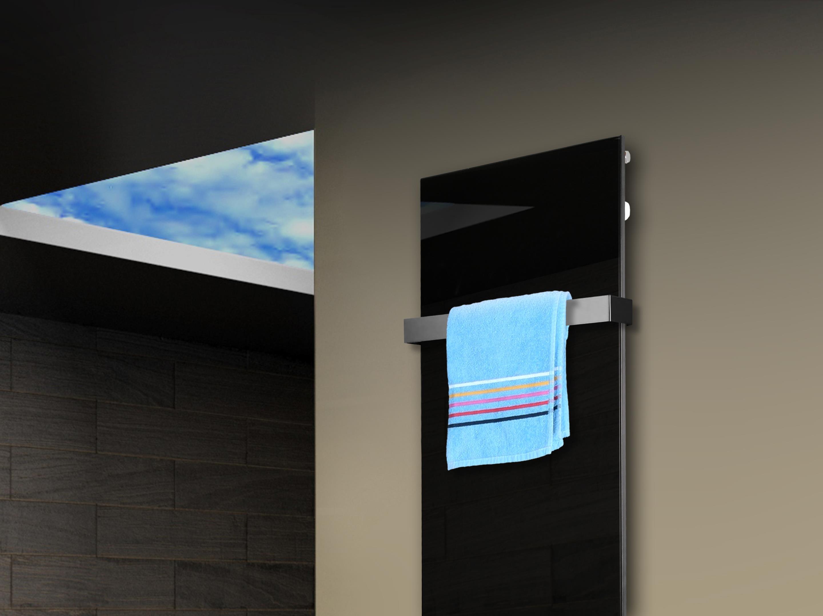 Badheizkörper mit Glas Design Montevideo 3 Glasfront 180x47cm 1118 Watt schwarz (+1 Halter 50mm) SZAGATO Designheizkörper mit Mittelanschluss