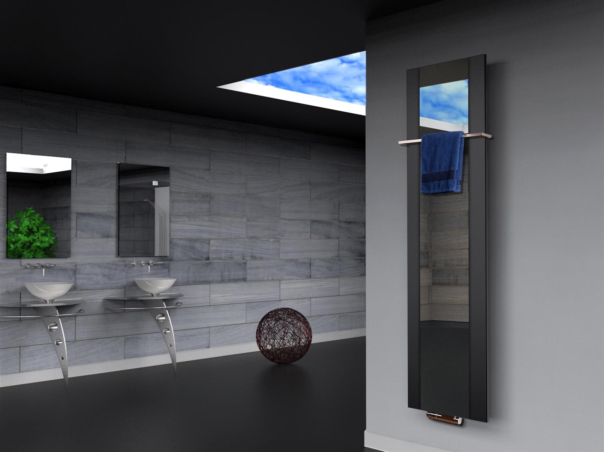 BADHEIZKÖRPER mit Spiegel Design Singapur 3 180x47cm 1118 Watt schwarz (+1 Halter 15mm) SZAGATO Designheizkörper Mittelanschluss Handtuchwärmer