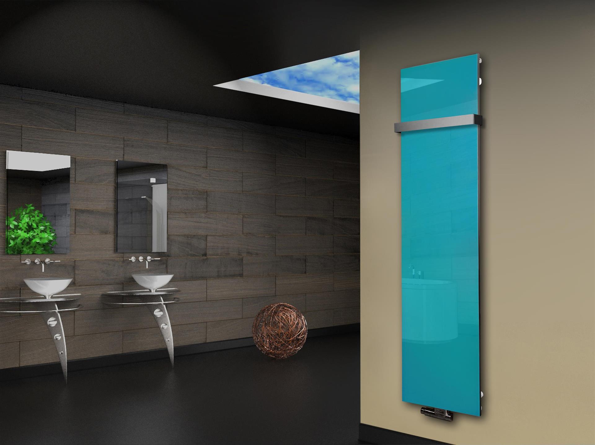 Badheizkörper mit Glas Design Montevideo 3 Glasfront 180x47cm 1118 Watt türkis +1 Halter 50mm SZAGATO Designheizkörper Mittelanschluss Handtuchwärmer