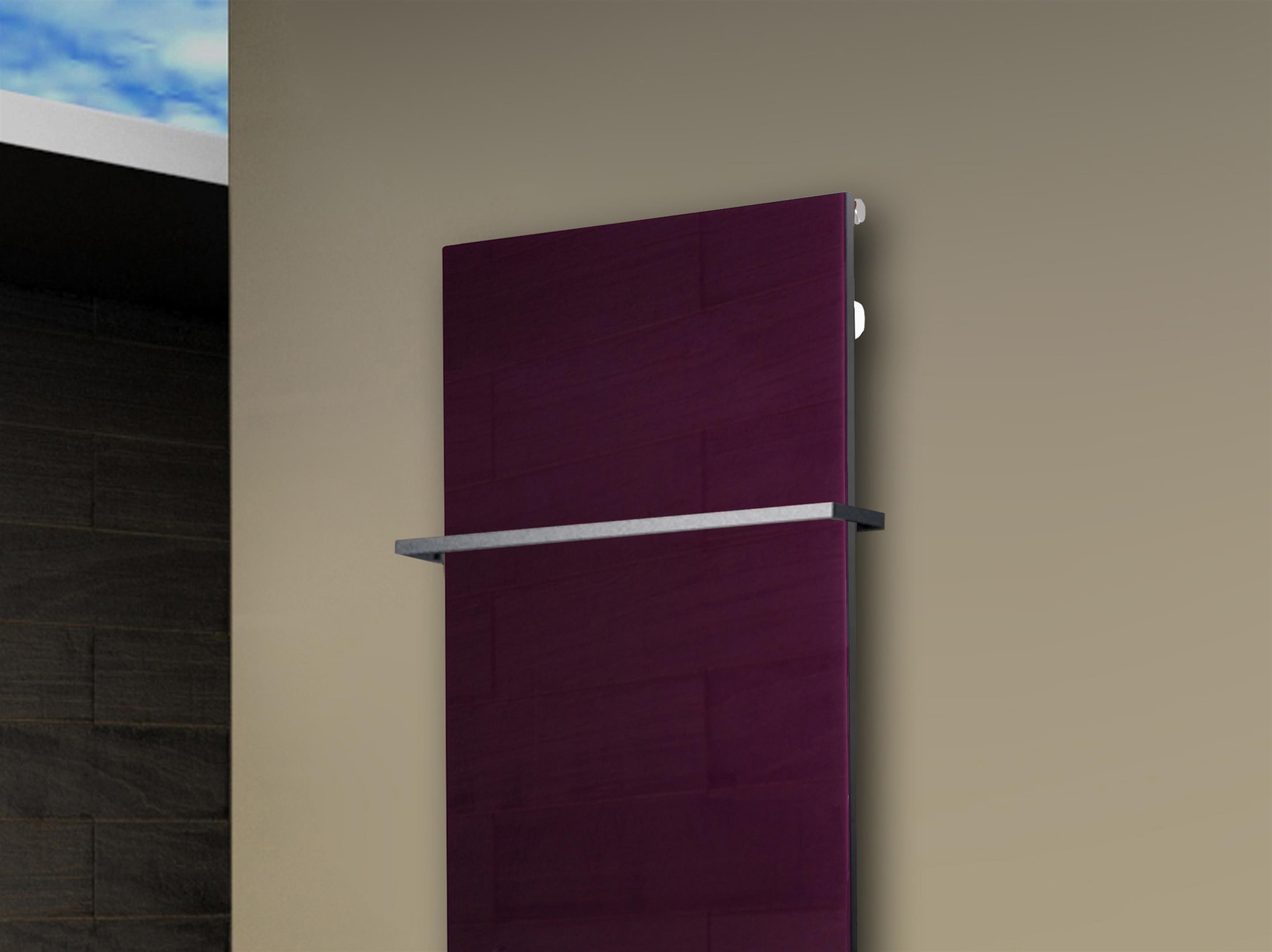 Badheizkörper mit Glas Design Montevideo 2 (Glasfront) 120x47cm 799 Watt violett (+1 Halter 15mm) SZAGATO Designheizkörper mit Mittelanschluss