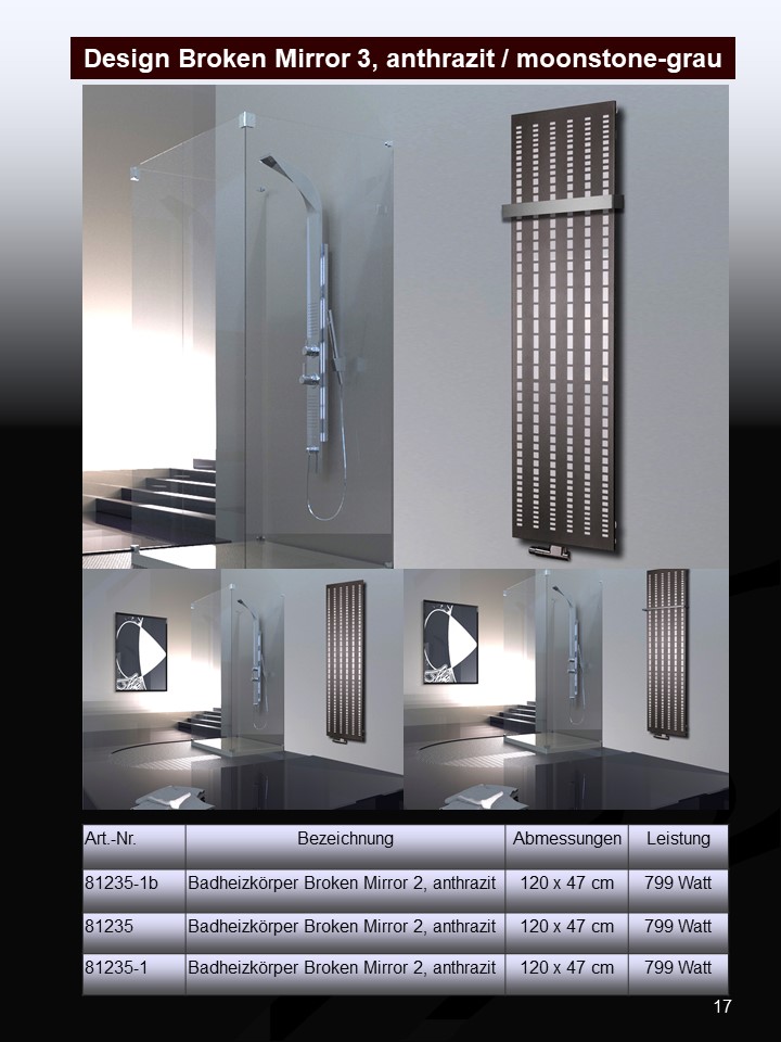 BADHEIZKÖRPER Design broken Mirror 3 180x47cm 1118Watt anthrazit - moonstone (+1 Halter 50mm) SZAGATO Designheizkörper Mittelanschluss Handtuchwärmer