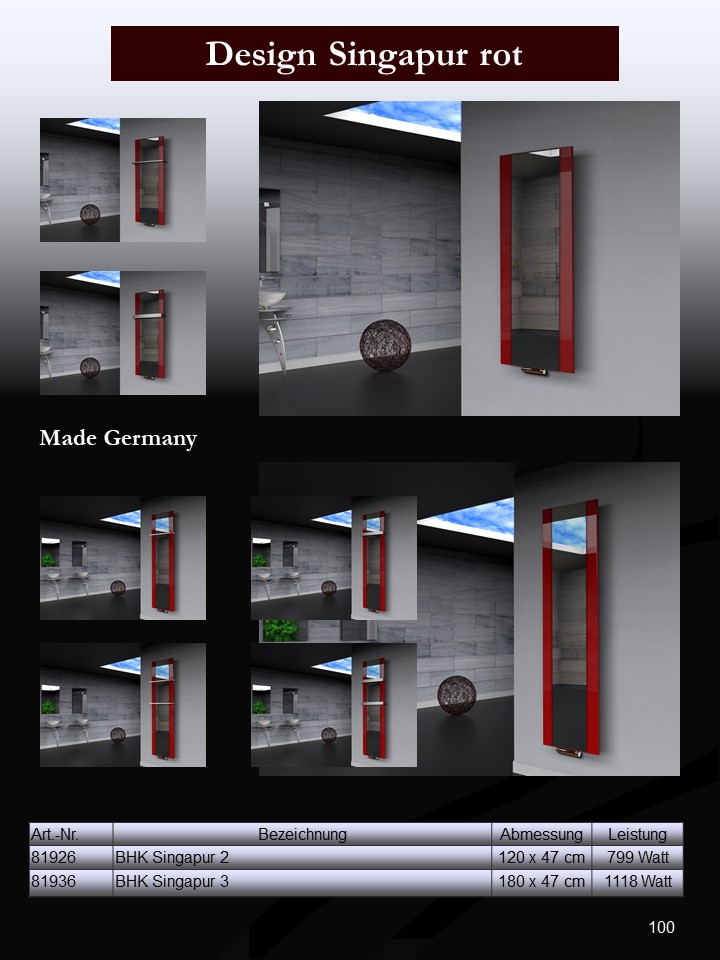 BADHEIZKÖRPER mit Spiegel Design Singapur 2 120x47cm 799 Watt rot  (+1 Halter 15mm) SZAGATO Designheizkörper mit Mittelanschluss Handtuchwärmer