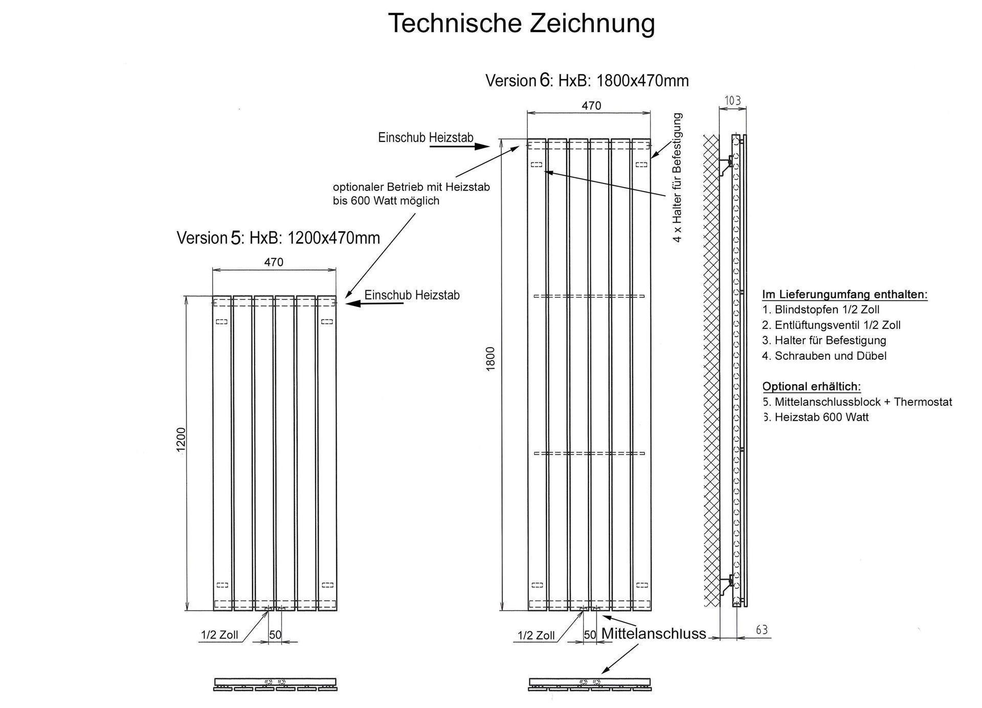 BADHEIZKÖRPER Design Peking 6 180x47cm 1964 Watt weiß (+1 Halter 15mm) SZAGATO Designheizkörper Handtuchheizkörper mit Mittelanschluss Handtuchwärmer