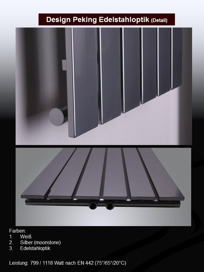 BADHEIZKÖRPER Design Peking 6 180x47cm 1964 Watt Edelstahloptik (+2 Halter 50mm) SZAGATO Handtuchheizkörper mit Mittelanschluss Handtuchwärmer