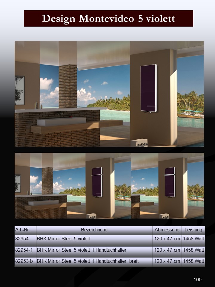BADHEIZKÖRPER Glas Montevideo 5 Glasfront 120x47cm 1458Watt violett +1 Halter 50mm SZAGATO Designheizkörper Handtuchheizkörper mit Mittelanschluss