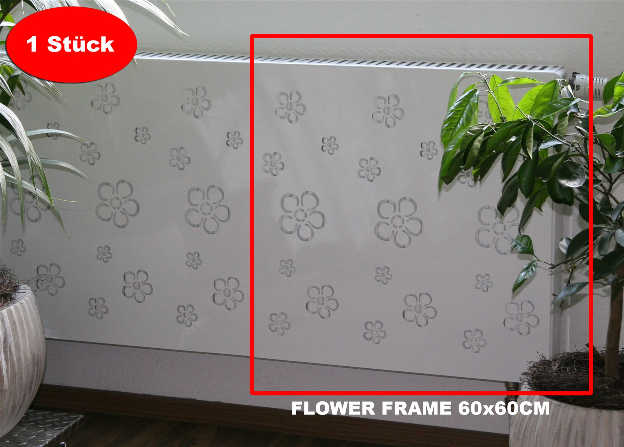 Heizkörperverkleidung 60 x 60cm Flower Frame weiß (1 Stück) SZAGATO Heizungsverkleidung Verkleidung Heizkörper Abdeckung Heizkörper Heizungsabdeckung