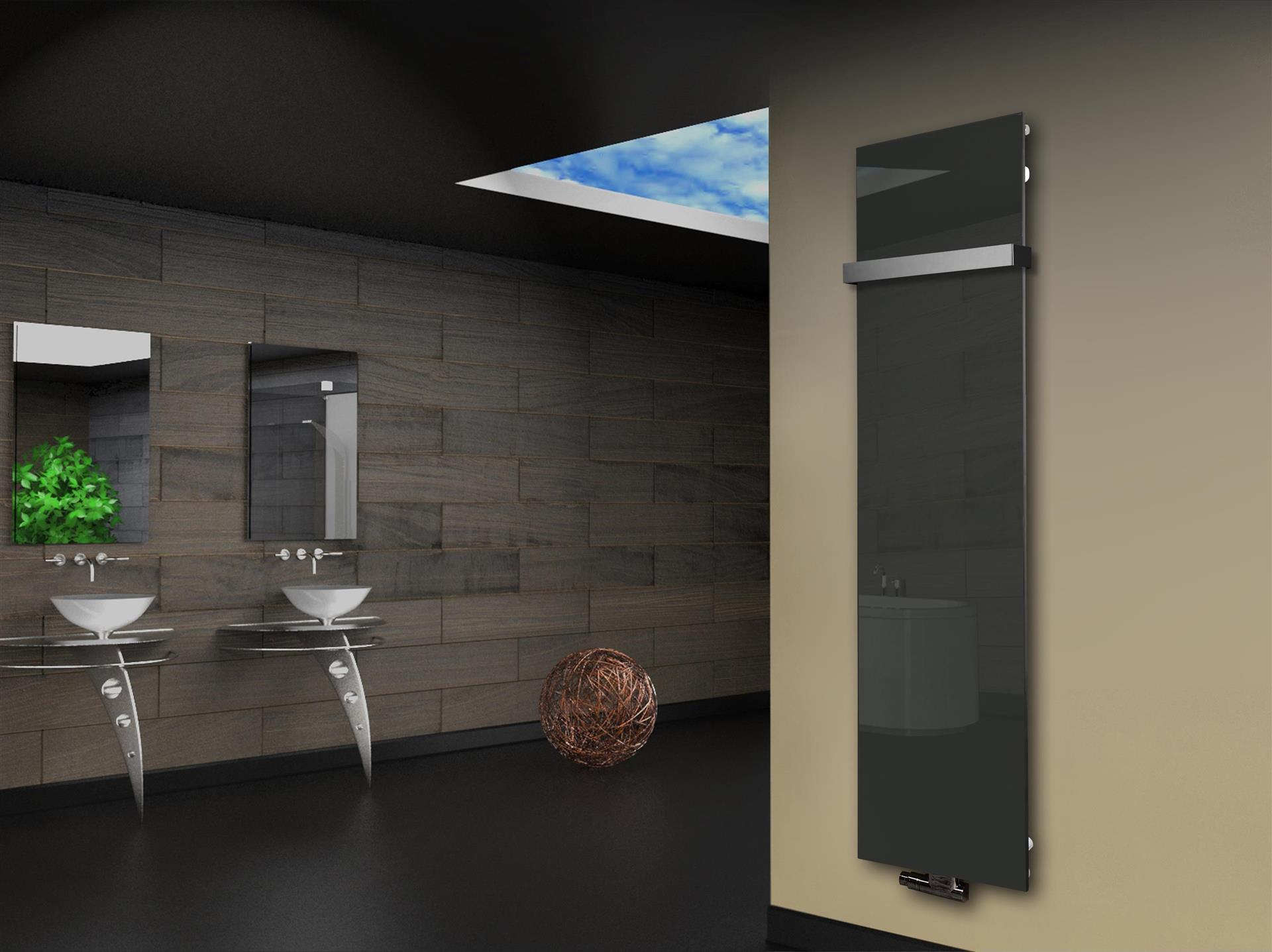 Badheizkörper mit Glas Design Montevideo 3 Glasfront 180x47cm 1118 Watt anthrazit - moon +1 Halter 50mm SZAGATO Designheizkörper mit Mittelanschluss