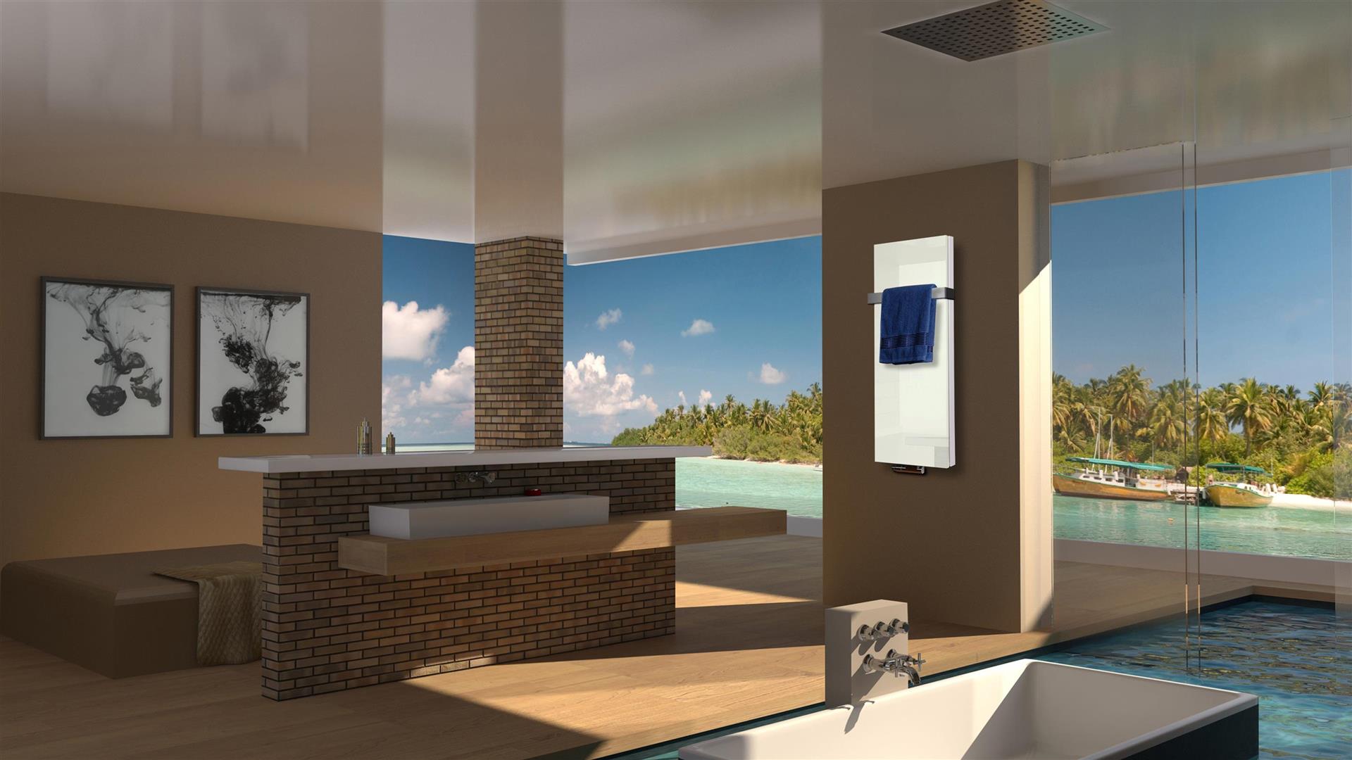 BADHEIZKÖRPER mit Glas Montevideo 5 Glasfront 120x47cm 1458 Watt weiß +1 Halter 50mm SZAGATO Designheizkörper Handtuchheizkörper mit Mittelanschluss