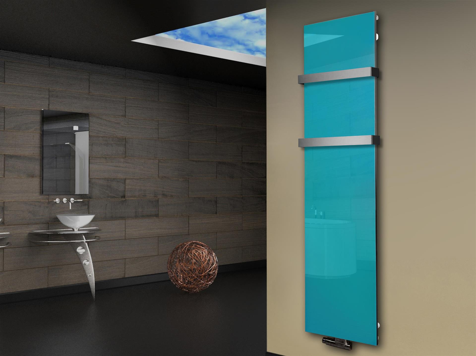 Badheizkörper mit Glas Design Montevideo 3 Glasfront 180x47cm 1118 Watt türkis +2 Halter 50mm SZAGATO Designheizkörper Mittelanschluss Handtuchwärmer