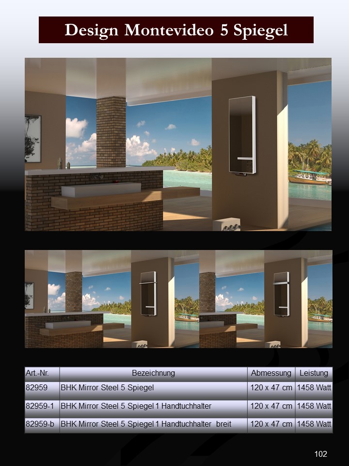 BADHEIZKÖRPER Spiegel Montevideo 5 120x47cm 1458 Watt Spiegel +1 Halter 50mm SZAGATO Designheizkörper Handtuchheizkörper mit Mittelanschluss