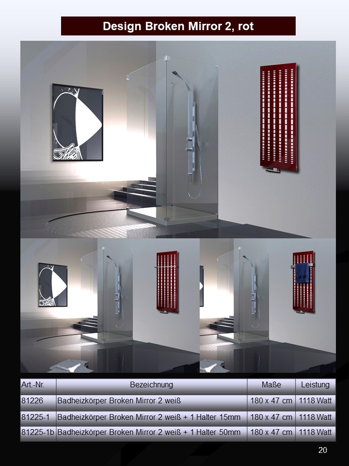BADHEIZKÖRPER Design broken Mirror 2 120x47cm 799Watt rot (+1 Halter 50mm) SZAGATO Designheizkörper Handtuchheizkörper Mittelanschluss Handtuchwärmer