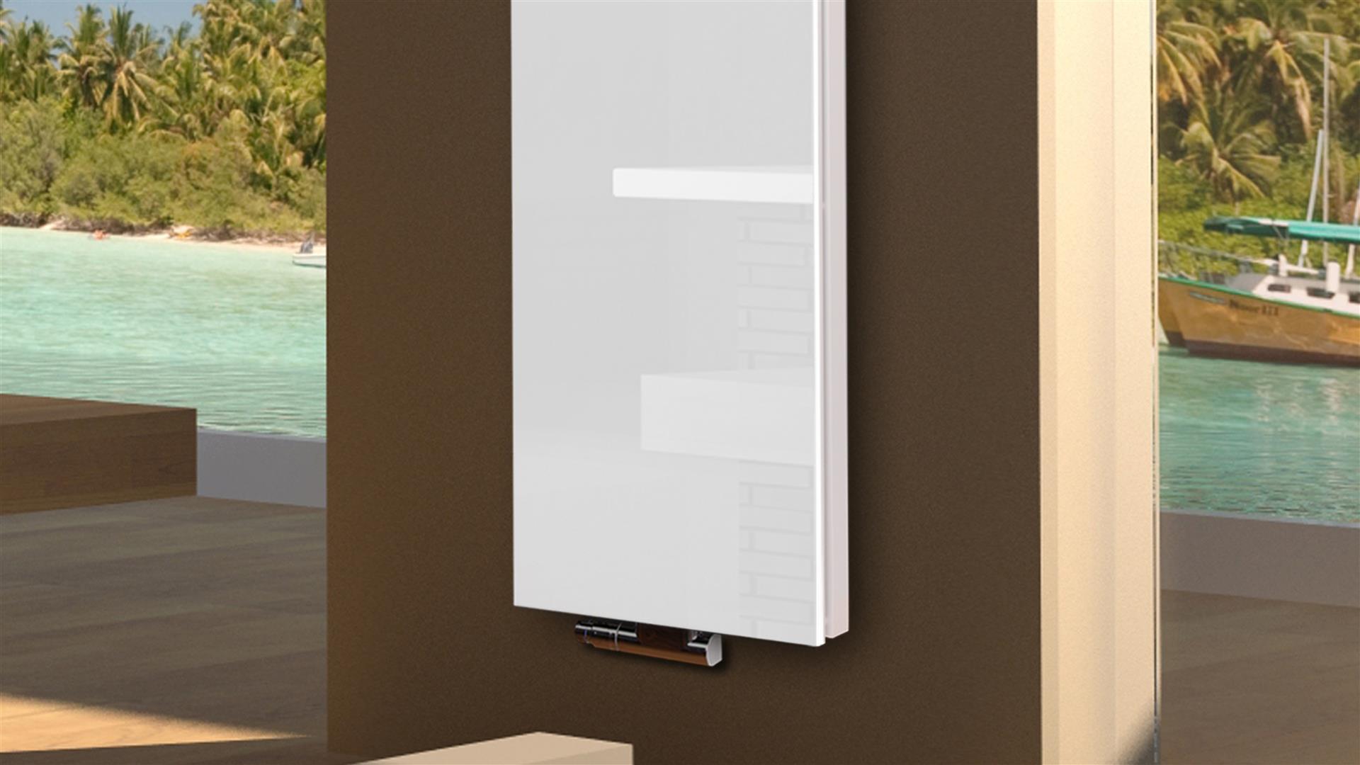 BADHEIZKÖRPER mit Glas Montevideo 6 Glasfront 180x47cm 1964 Watt weiß +1 Halter 15mm SZAGATO Designheizkörper Handtuchheizkörper mit Mittelanschluss