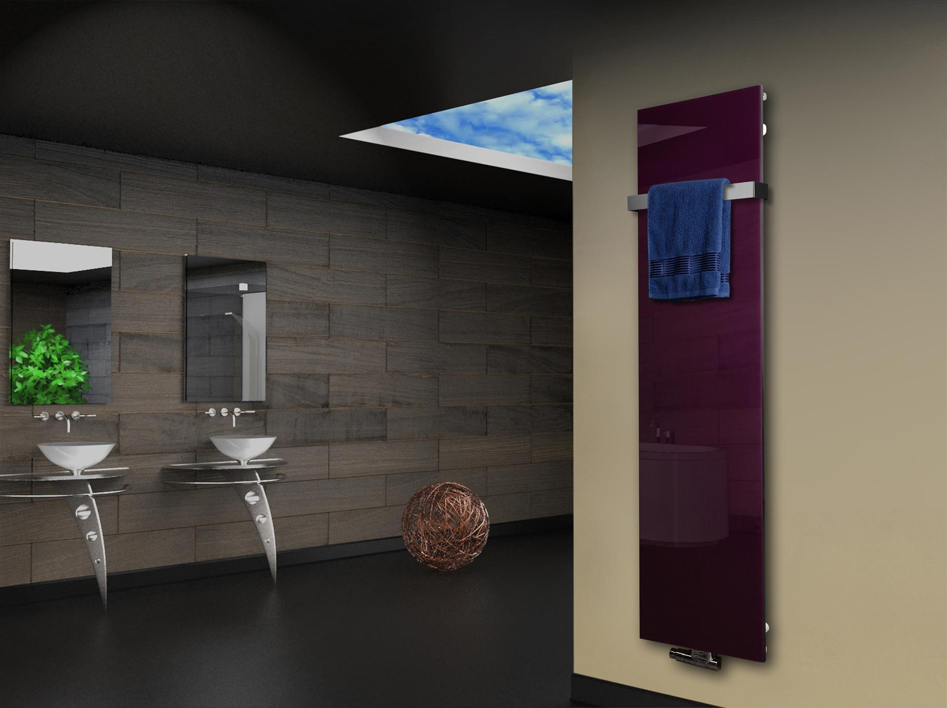 Badheizkörper mit Glas Design Montevideo 3 Glasfront 180x47cm 1118 Watt violett (+1 Halter 50mm) SZAGATO Designheizkörper mit Mittelanschluss