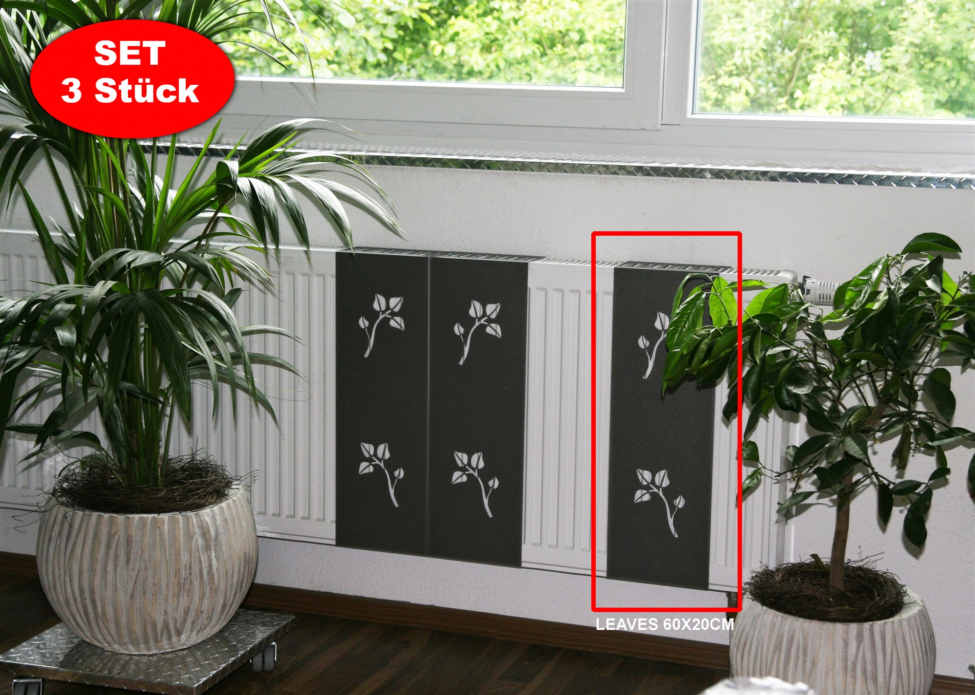 Heizkörperverkleidung 60x20cm Design Leaves anthrazit moon SET=3 Stück SZAGATO Heizungsverkleidung Verkleidung Heizkörper Abdeckung für Heizkörper