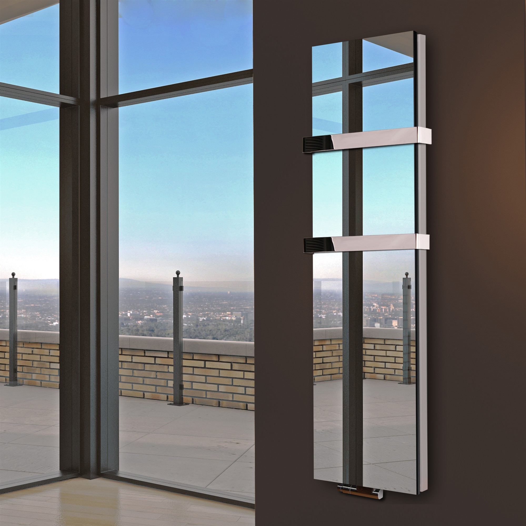 BADHEIZKÖRPER mit Spiegel Design Mirror 6 180x47cm 1964Watt Edelstahl +2 Halter glänzend 50mm SZAGATO Designheizkörper Mittelanschluss Handtuchwärmer